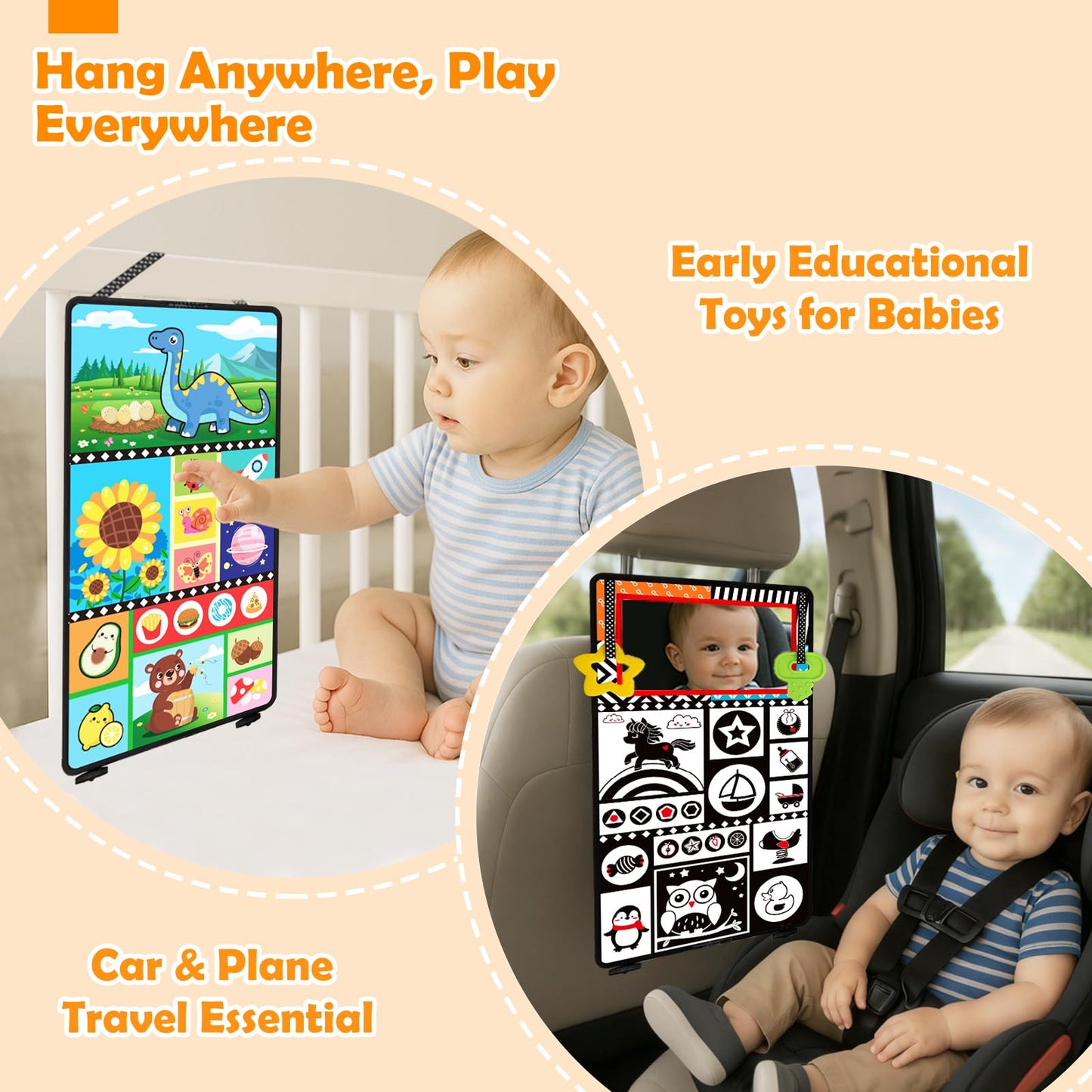 Aboosam Baby Toys 0-6 Months – High-Contrast Tummy Time Mirror & Cloth Book Teether