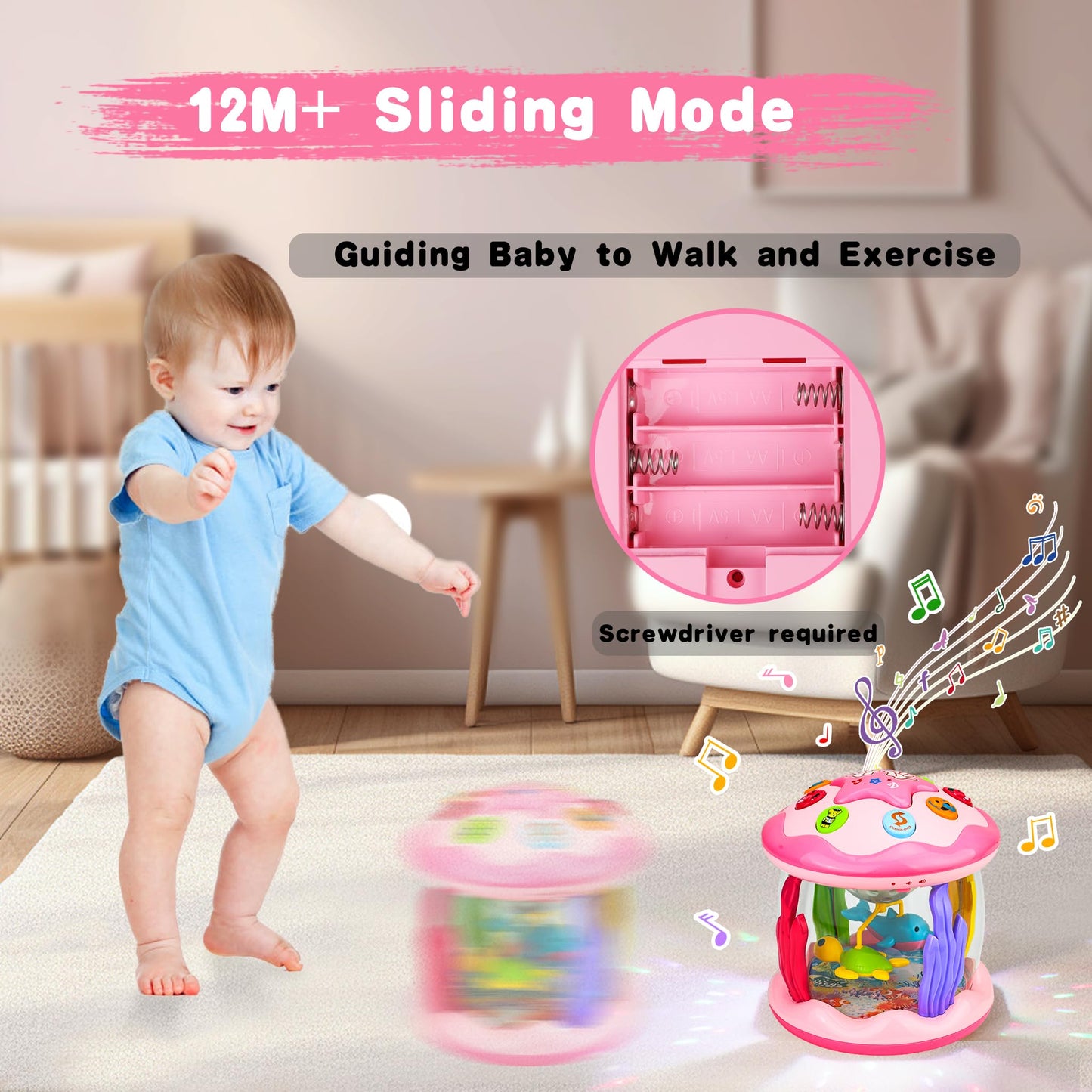 Aboosam Baby Girl Ocean Light Up Musical Toy – 6-12 Months (Pink) for Crawling & Learning