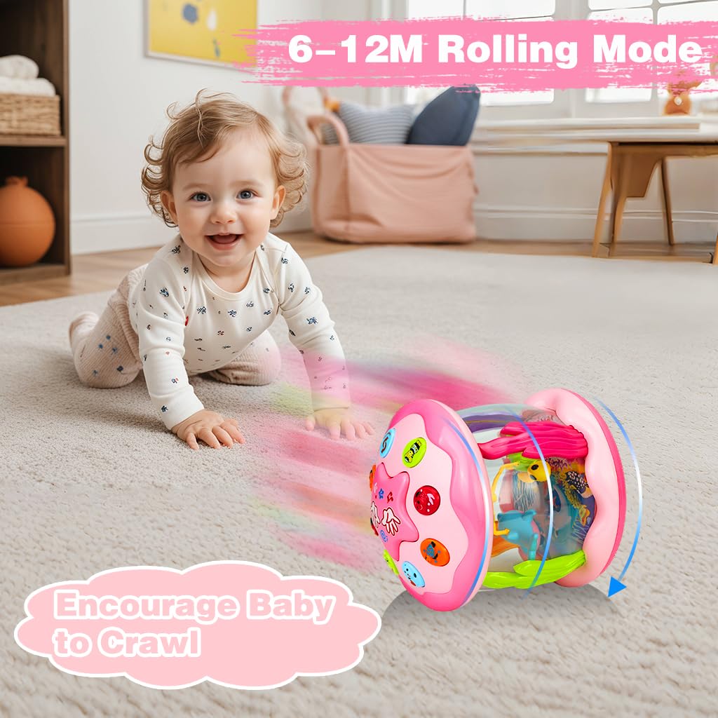 Aboosam Baby Girl Ocean Light Up Musical Toy – 6-12 Months (Pink) for Crawling & Learning