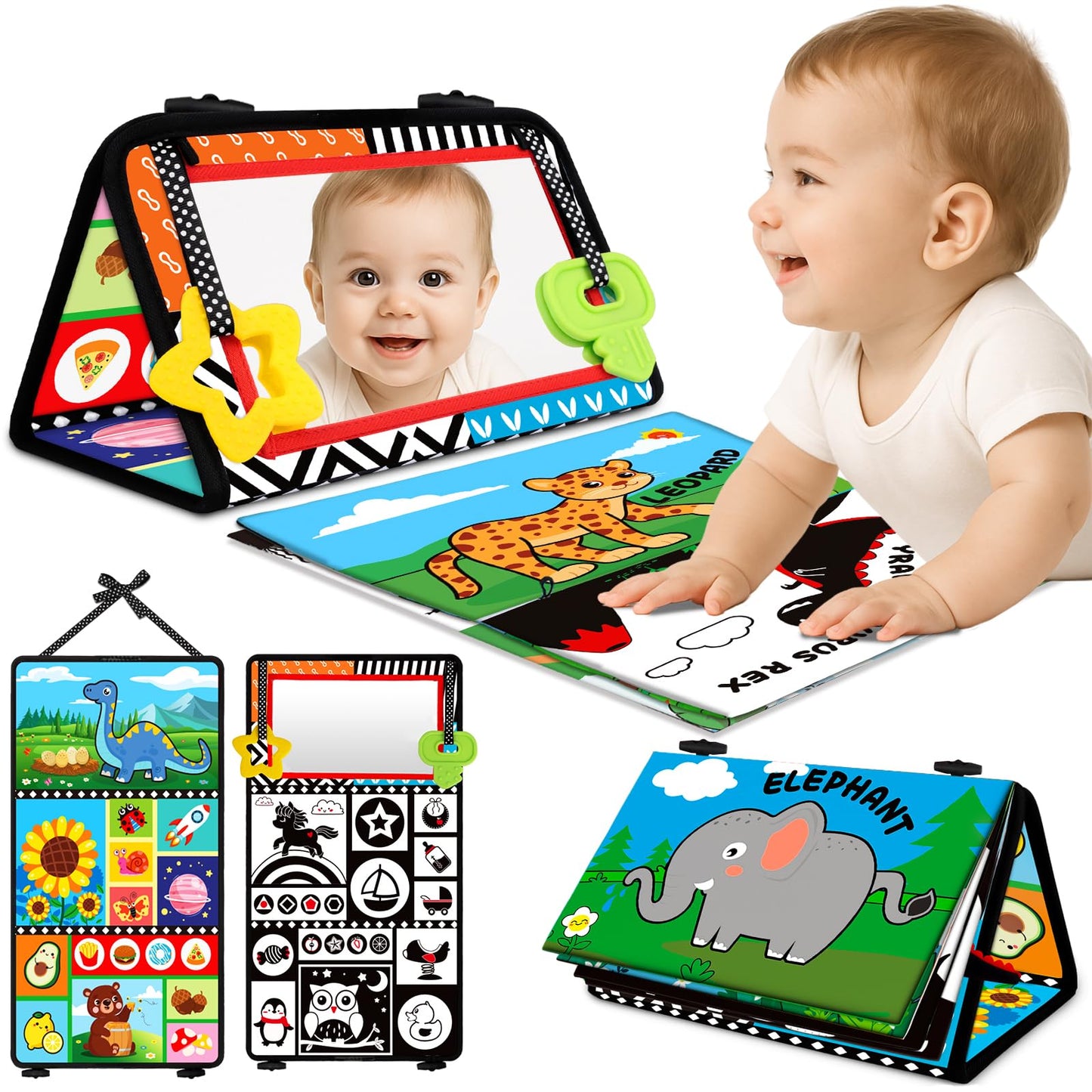 Aboosam Baby Toys 0-6 Months – High-Contrast Tummy Time Mirror & Cloth Book Teether