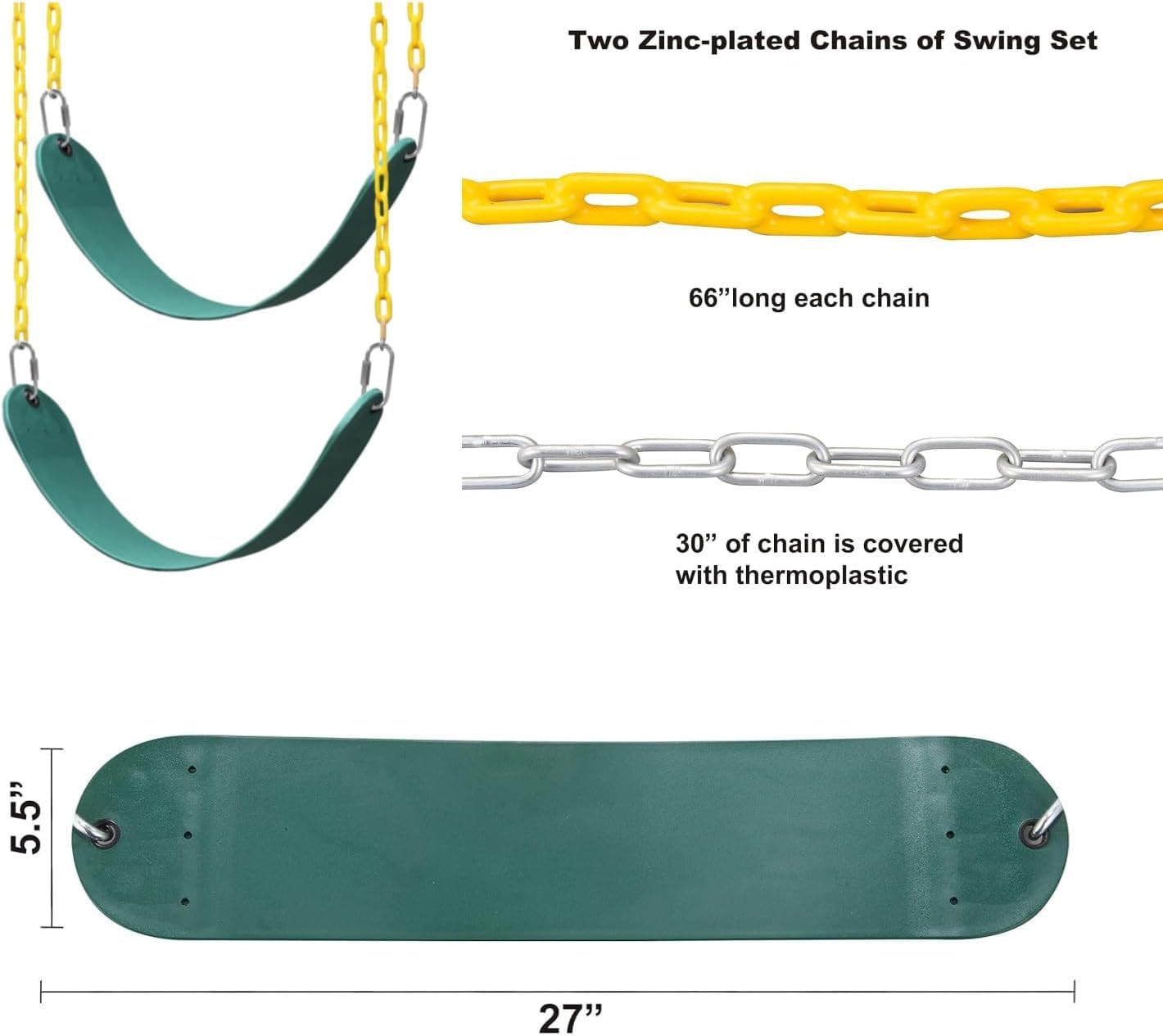 ABUSA Heavy Duty Swing Set Kit with 2 A-Frame Brackets, 2 Green Seats, and 4 Hangers (G007) | DIY Playground Mounting Parts