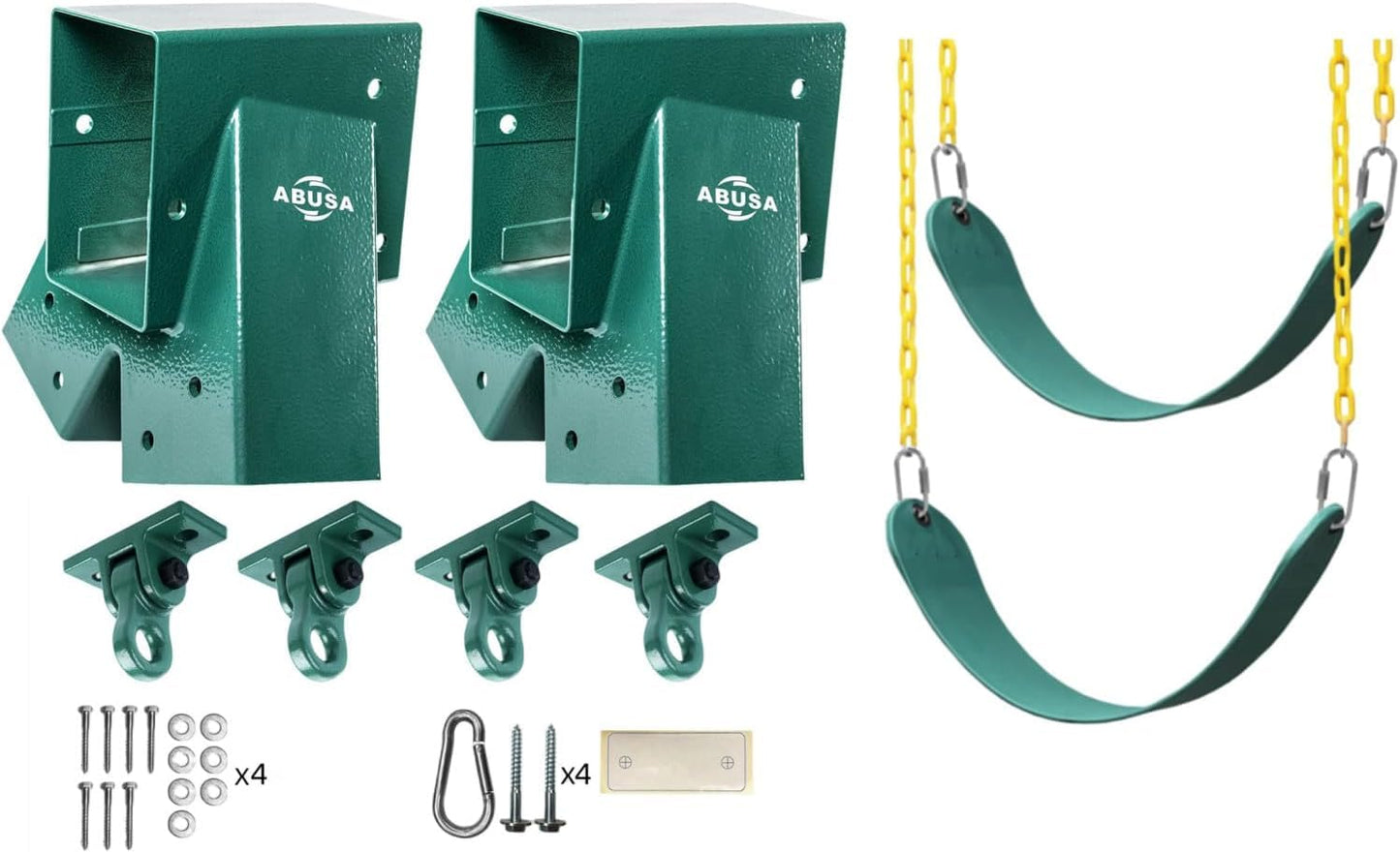 ABUSA Heavy Duty Swing Set Kit with 2 A-Frame Brackets, 2 Green Seats, and 4 Hangers (G007) | DIY Playground Mounting Parts
