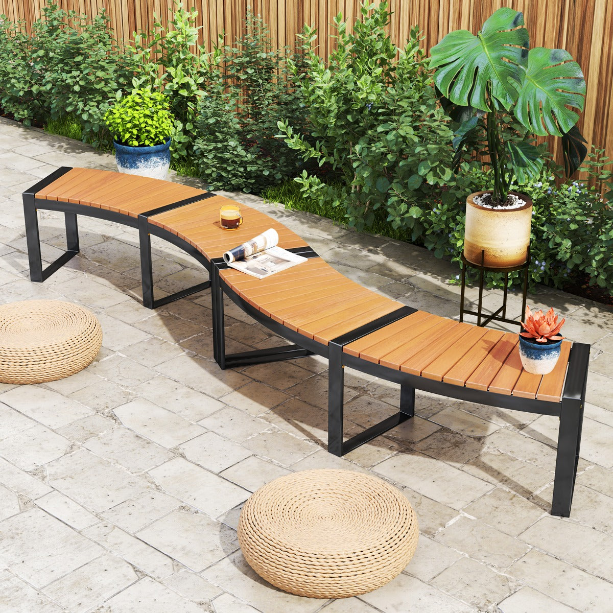 Acacia Wood Fire Pit Bench with Slatted Seat  Metal Legs-1 Pack