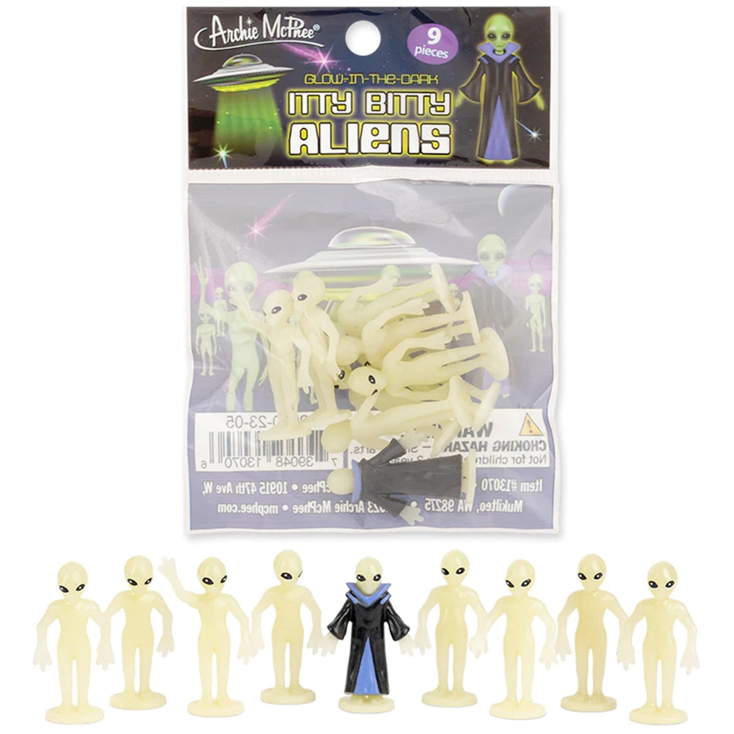 Accoutrements Archie McPhee Itty Bitty Aliens – Glow-in-the-Dark Tiny Leader Set of 9 (Green)