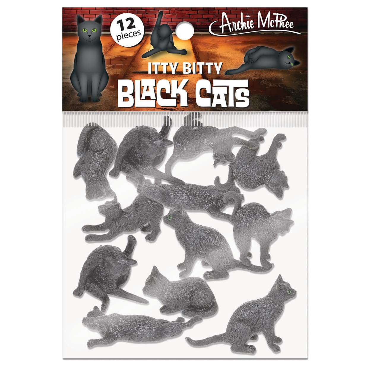 Accoutrements Archie McPhee Itty Bitty Black Cats – 12 Mini Vinyl Kitties in 6 Styles