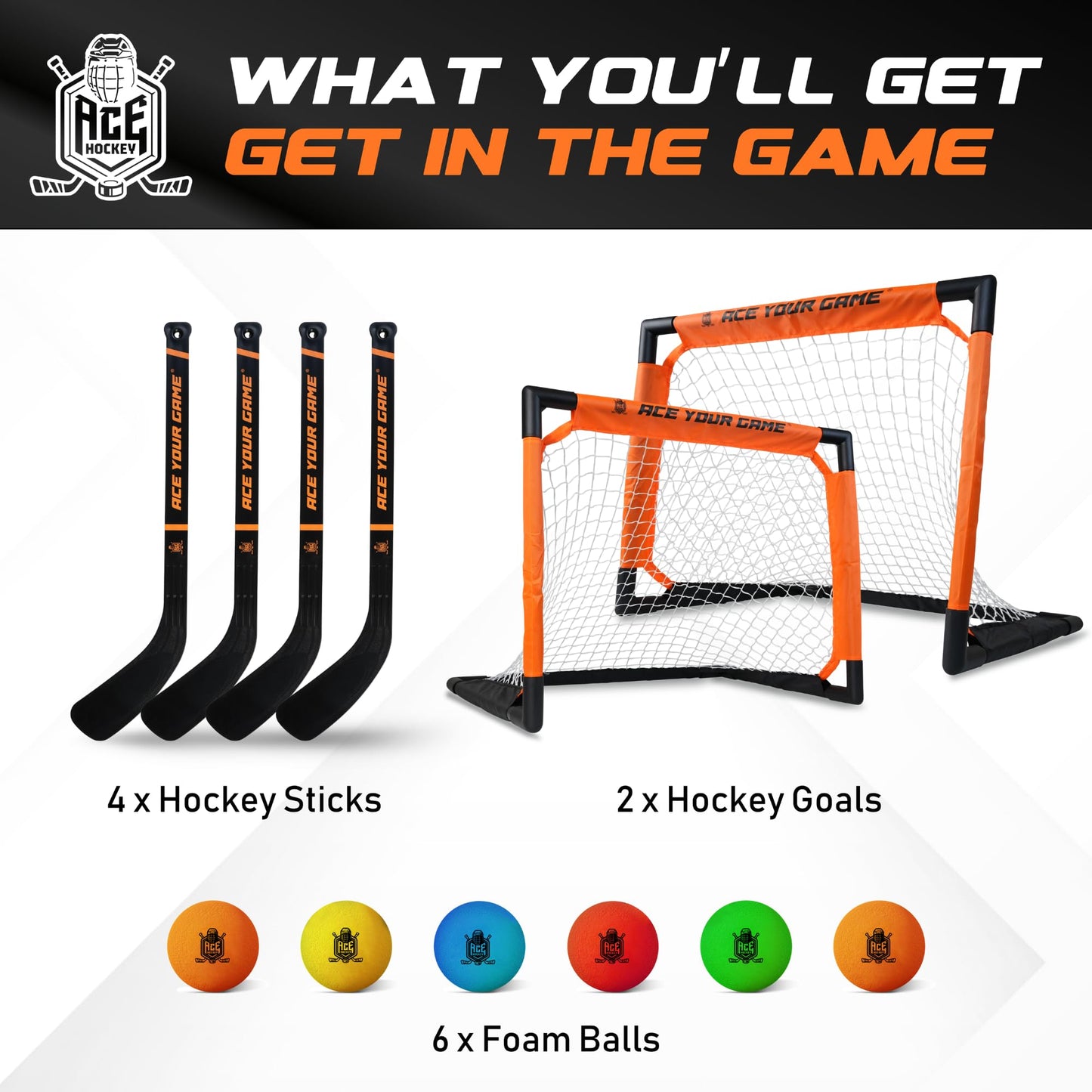 ACE HOCKEY Shinny Set – Complete 4-Player Knee Hockey Kit (2 Goals, 4 Mini Sticks, 6 Foam Balls)