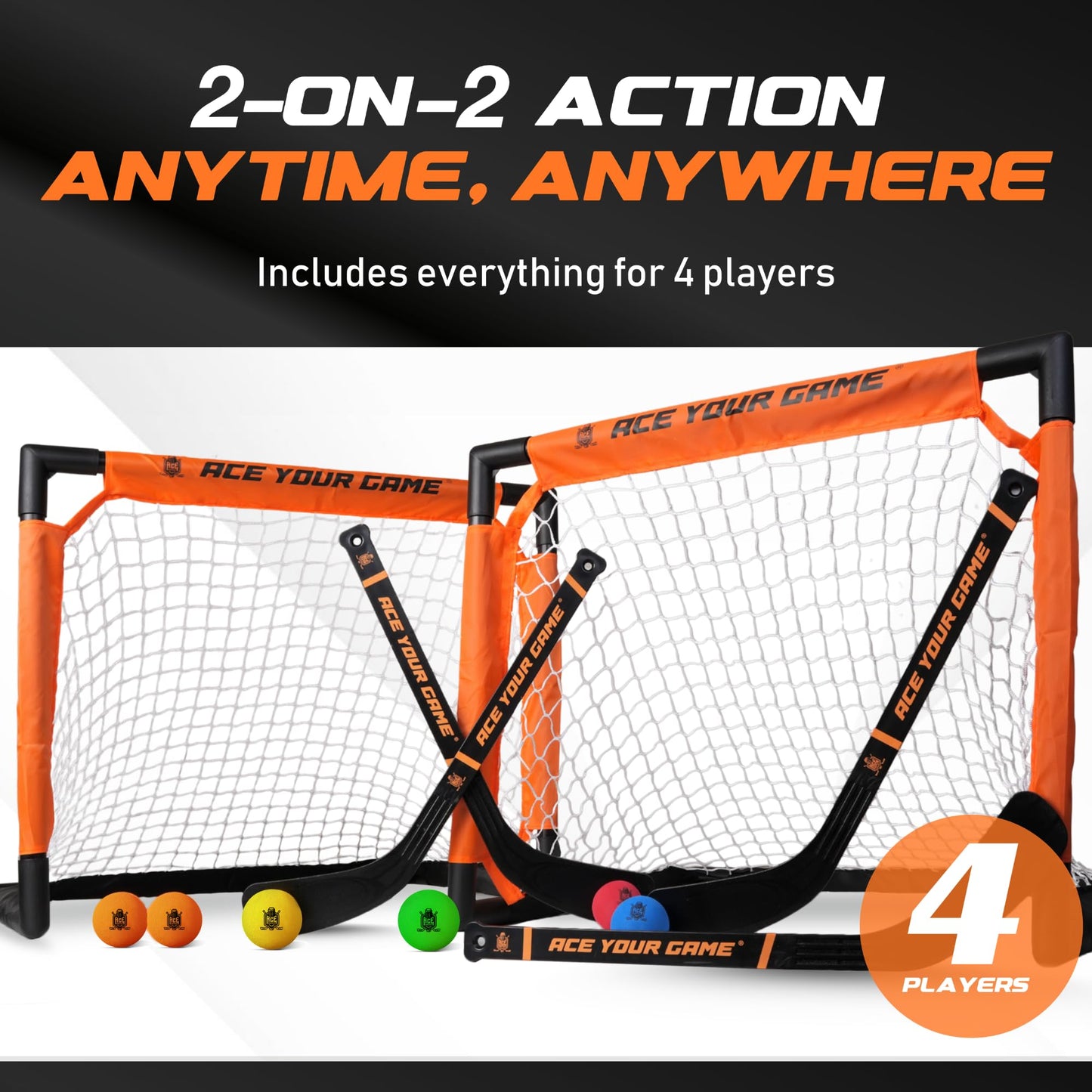 ACE HOCKEY Shinny Set – Complete 4-Player Knee Hockey Kit (2 Goals, 4 Mini Sticks, 6 Foam Balls)