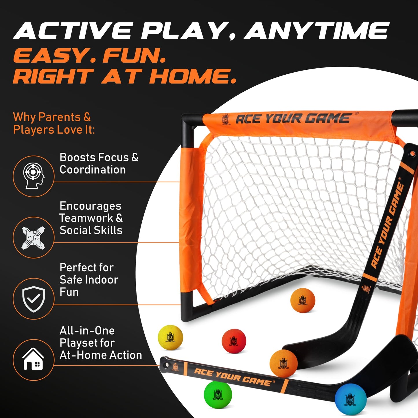 ACE HOCKEY Shinny Set – Complete 4-Player Knee Hockey Kit (2 Goals, 4 Mini Sticks, 6 Foam Balls)
