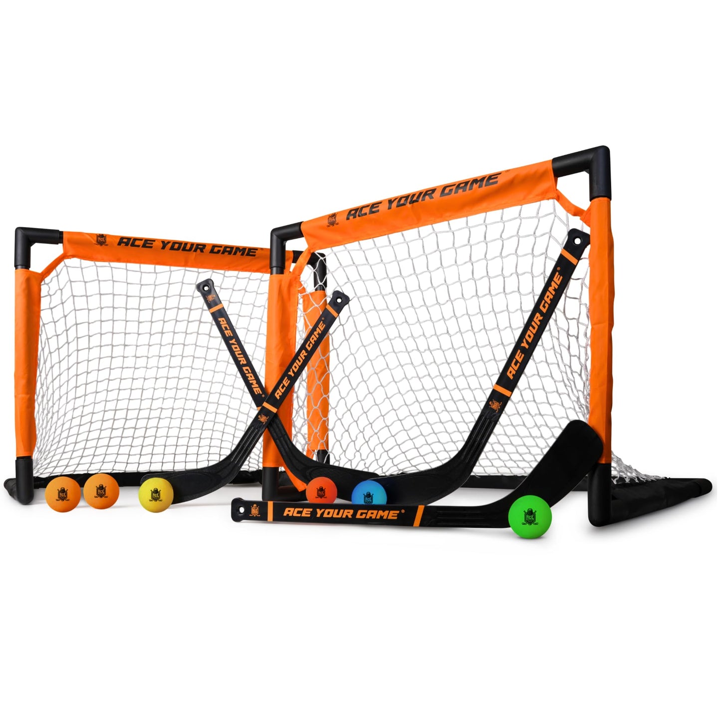 ACE HOCKEY Shinny Set – Complete 4-Player Knee Hockey Kit (2 Goals, 4 Mini Sticks, 6 Foam Balls)