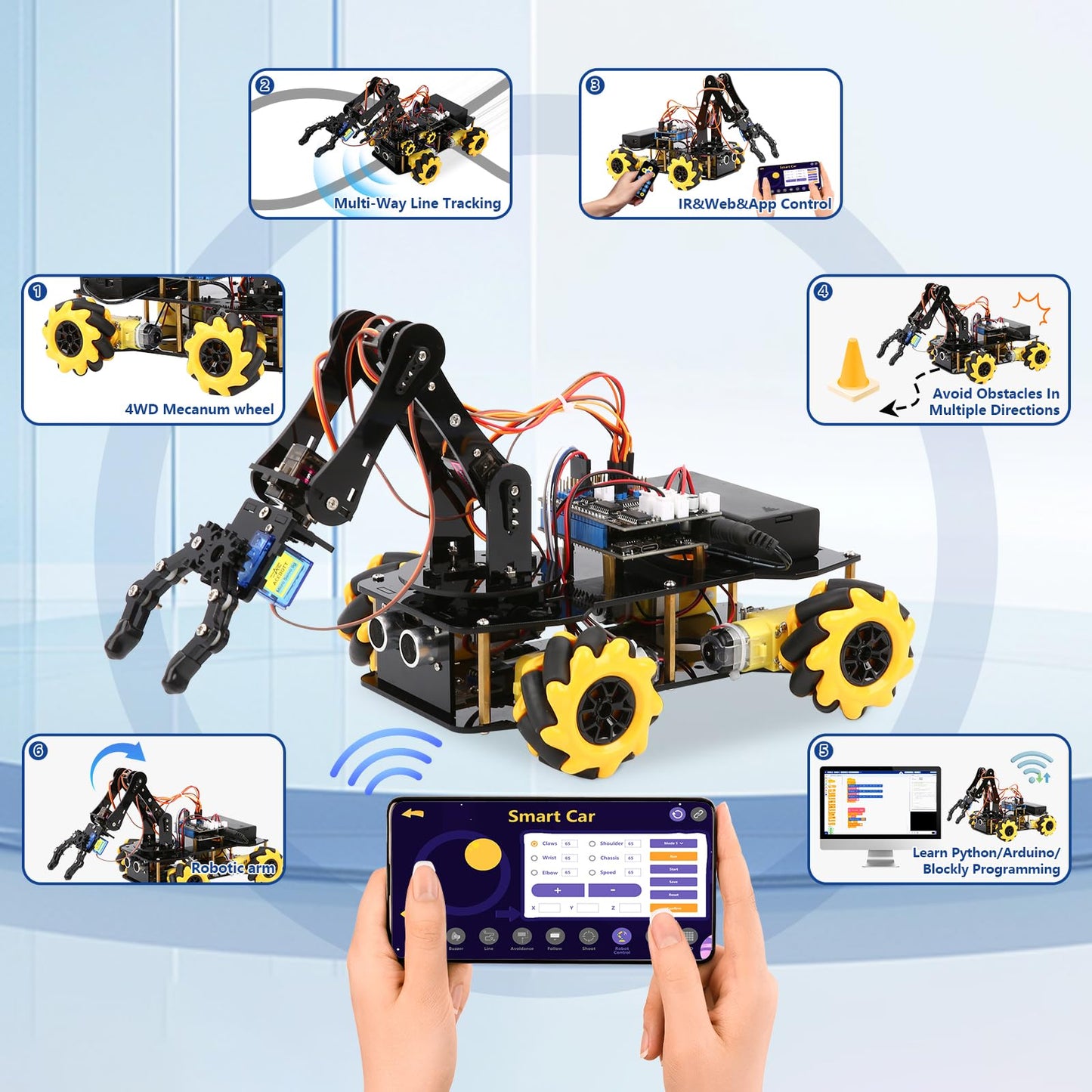 ACEBOTT 5DOF Smart Robot Arm Car Kit – 4WD RC Car for Arduino, Python & Blockly | STEM Education