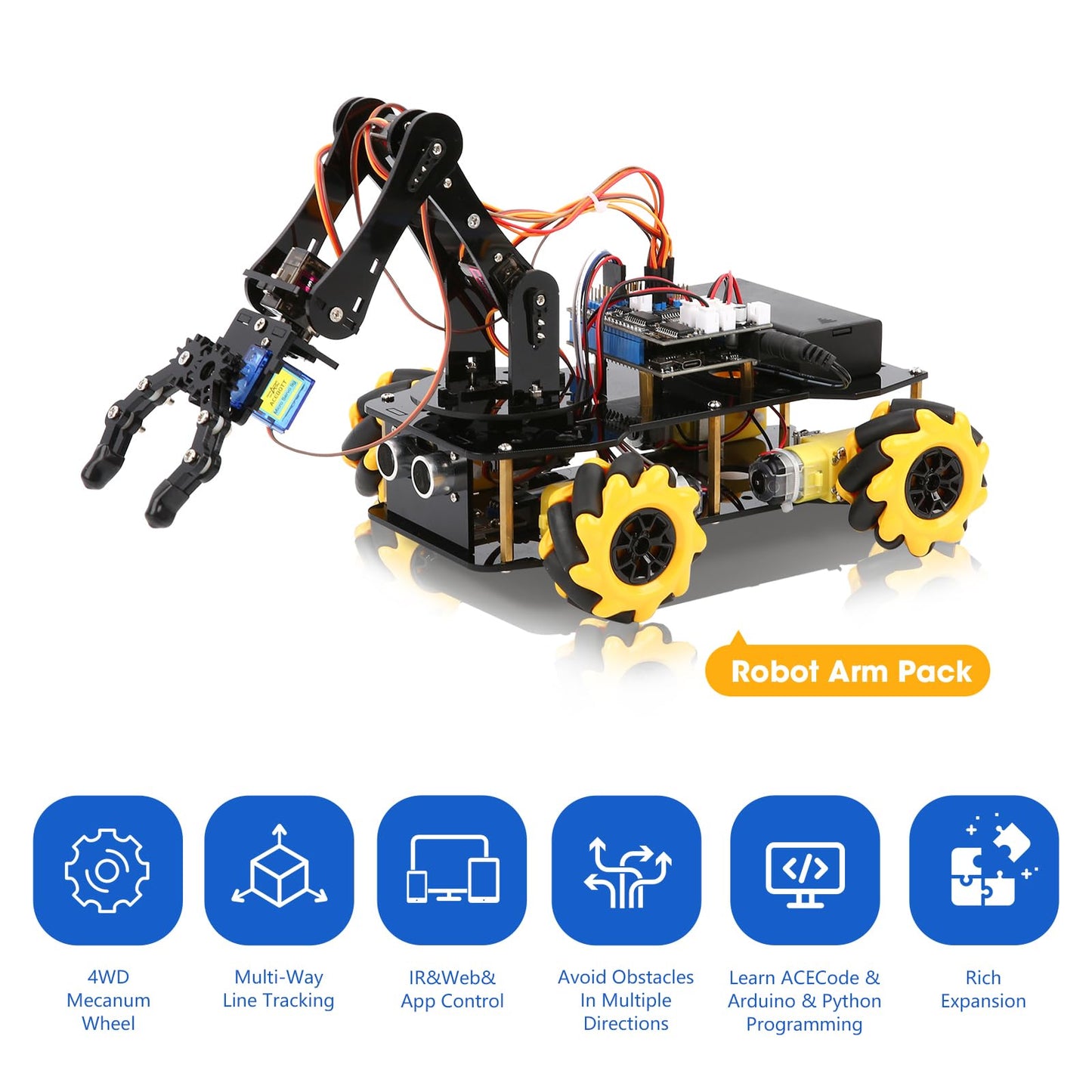 ACEBOTT 5DOF Smart Robot Arm Car Kit – 4WD RC Car for Arduino, Python & Blockly | STEM Education