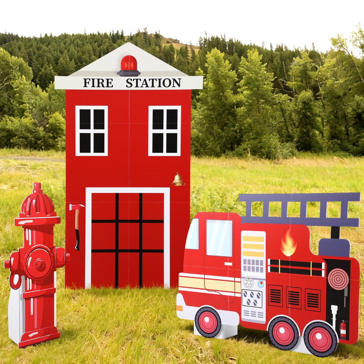 AceOrbit 3-Piece Firefighter Birthday Decorations – Large Fire Station, Fire Truck & Hydrant Backdrop