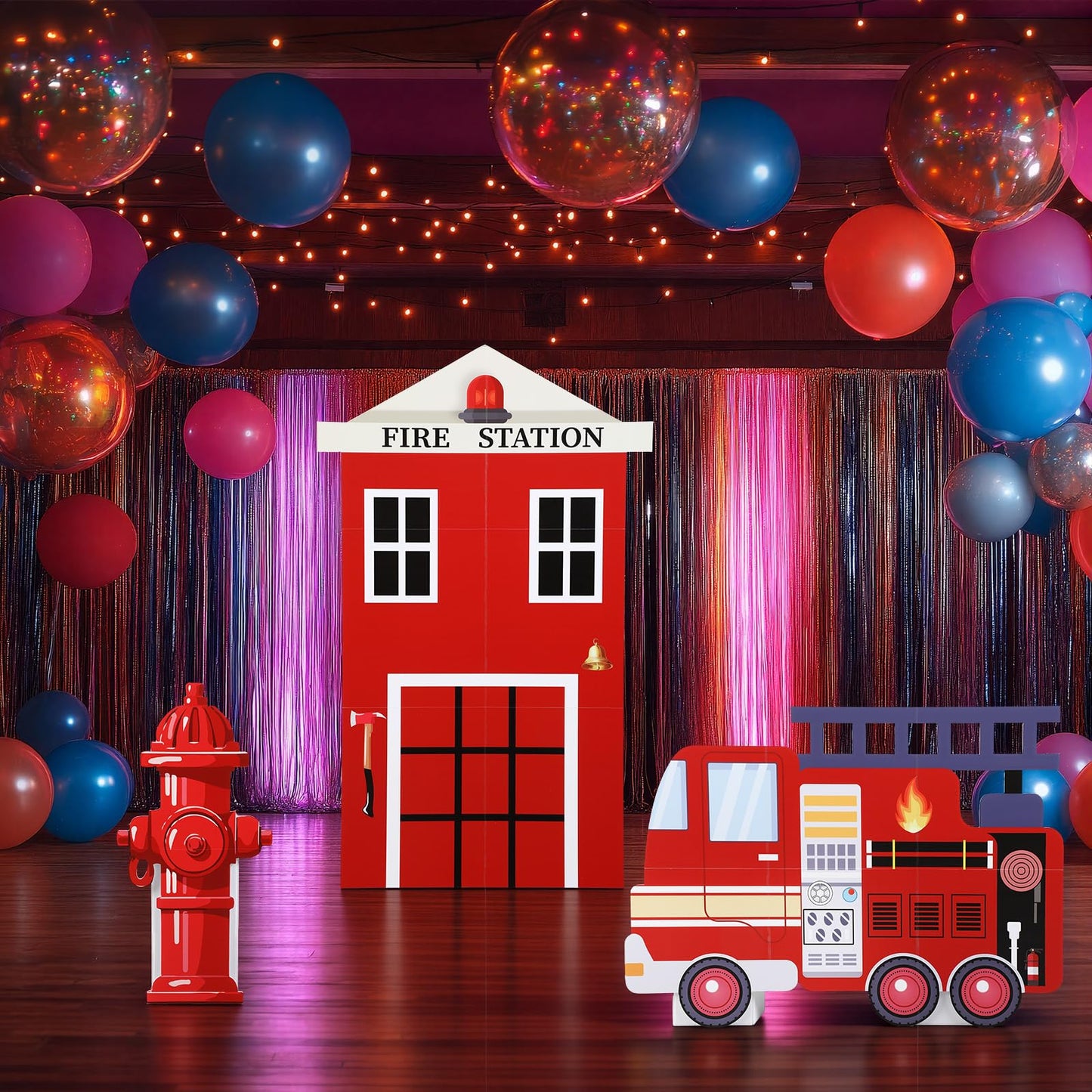 AceOrbit 3-Piece Firefighter Birthday Decorations – Large Fire Station, Fire Truck & Hydrant Backdrop