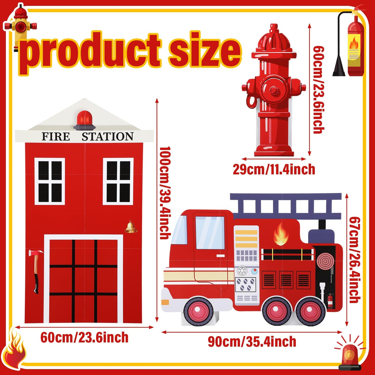 AceOrbit 3-Piece Firefighter Birthday Decorations – Large Fire Station, Fire Truck & Hydrant Backdrop