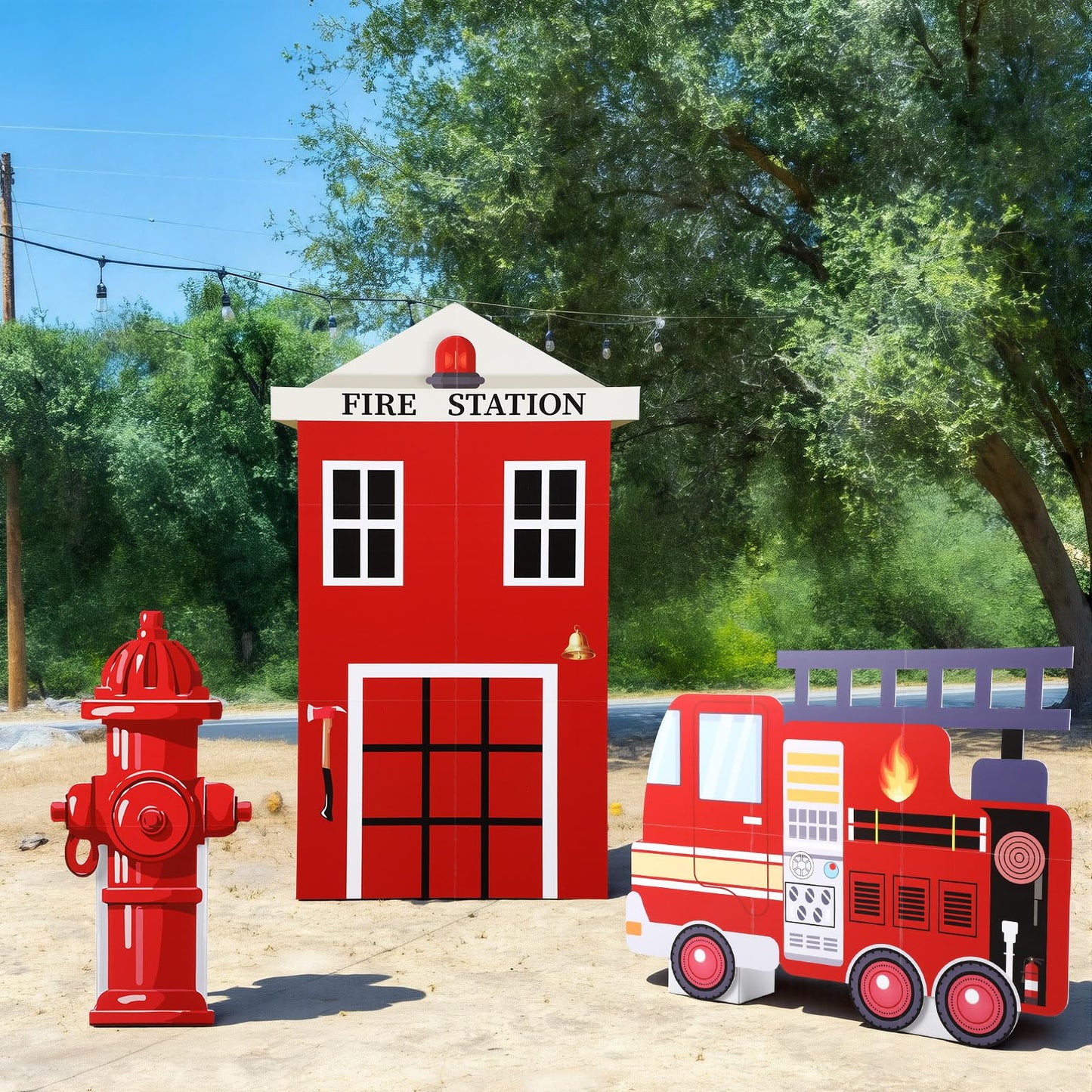 AceOrbit 3-Piece Firefighter Birthday Decorations – Large Fire Station, Fire Truck & Hydrant Backdrop