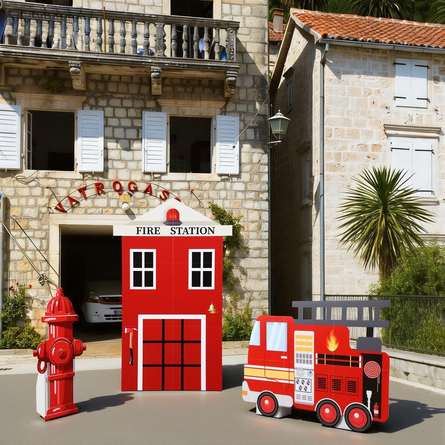 AceOrbit 3-Piece Firefighter Birthday Decorations – Large Fire Station, Fire Truck & Hydrant Backdrop
