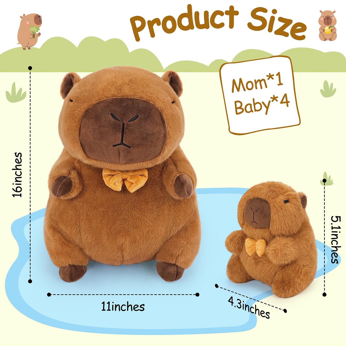 Achwishap 5Pcs Capybara Plush Family Set — 16in Mommy + 4x 6in Babies, Plush Pillow & Decor
