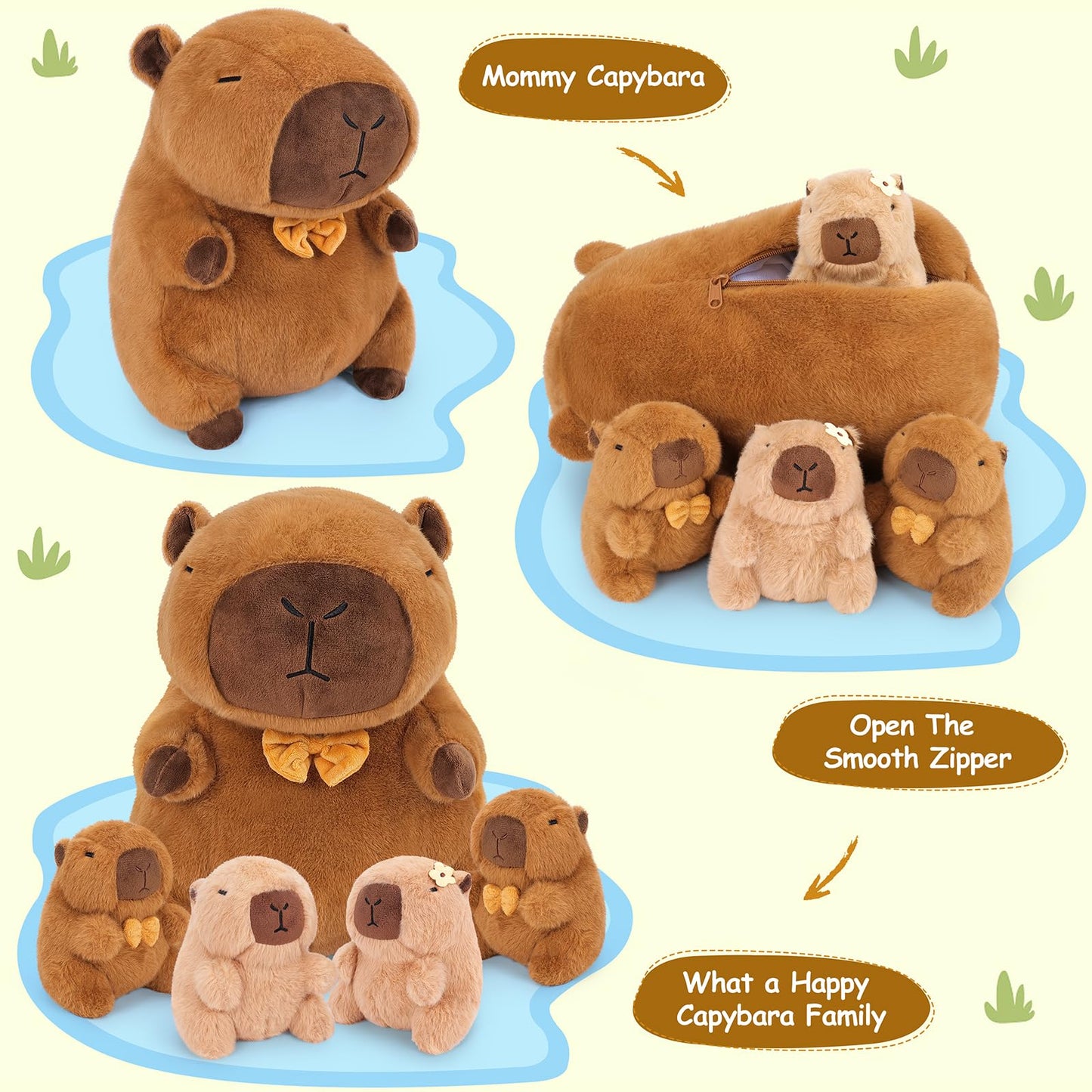 Achwishap 5Pcs Capybara Plush Family Set — 16in Mommy + 4x 6in Babies, Plush Pillow & Decor