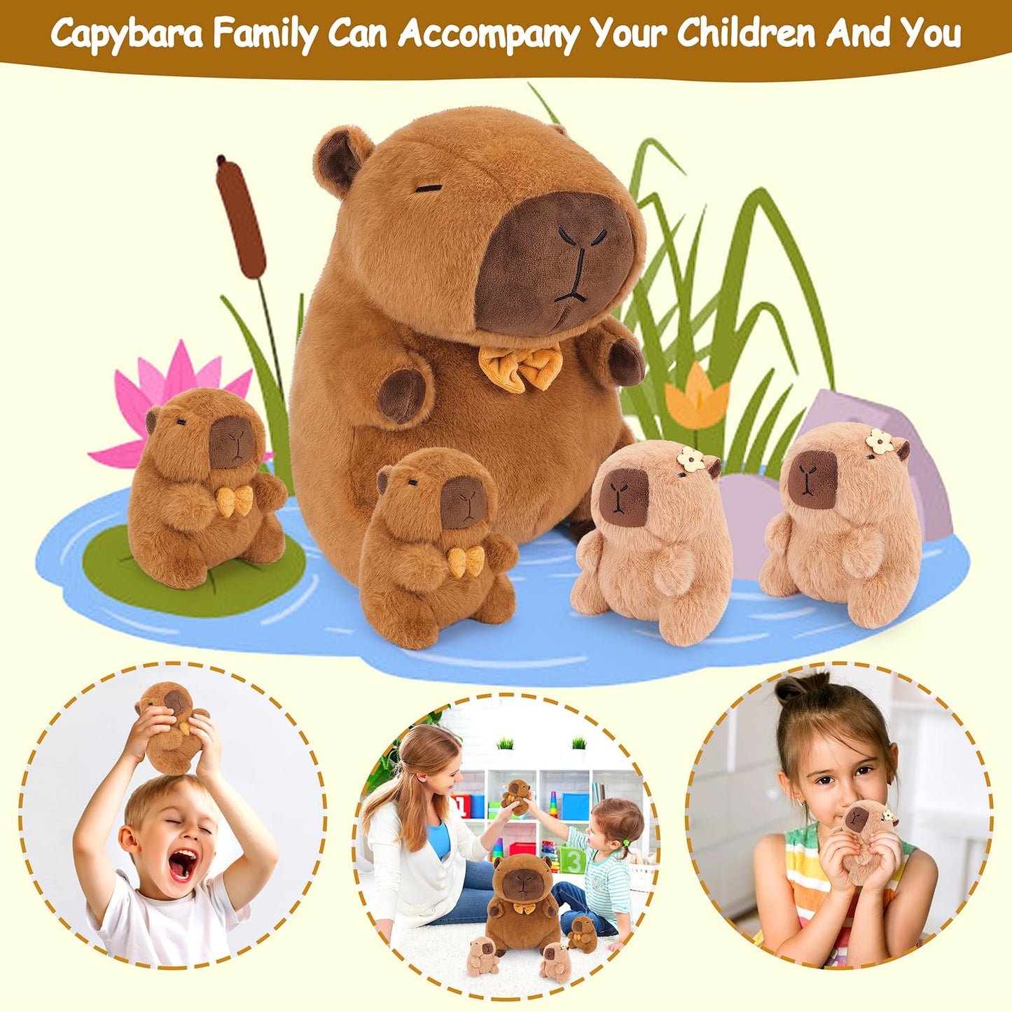 Achwishap 5Pcs Capybara Plush Family Set — 16in Mommy + 4x 6in Babies, Plush Pillow & Decor