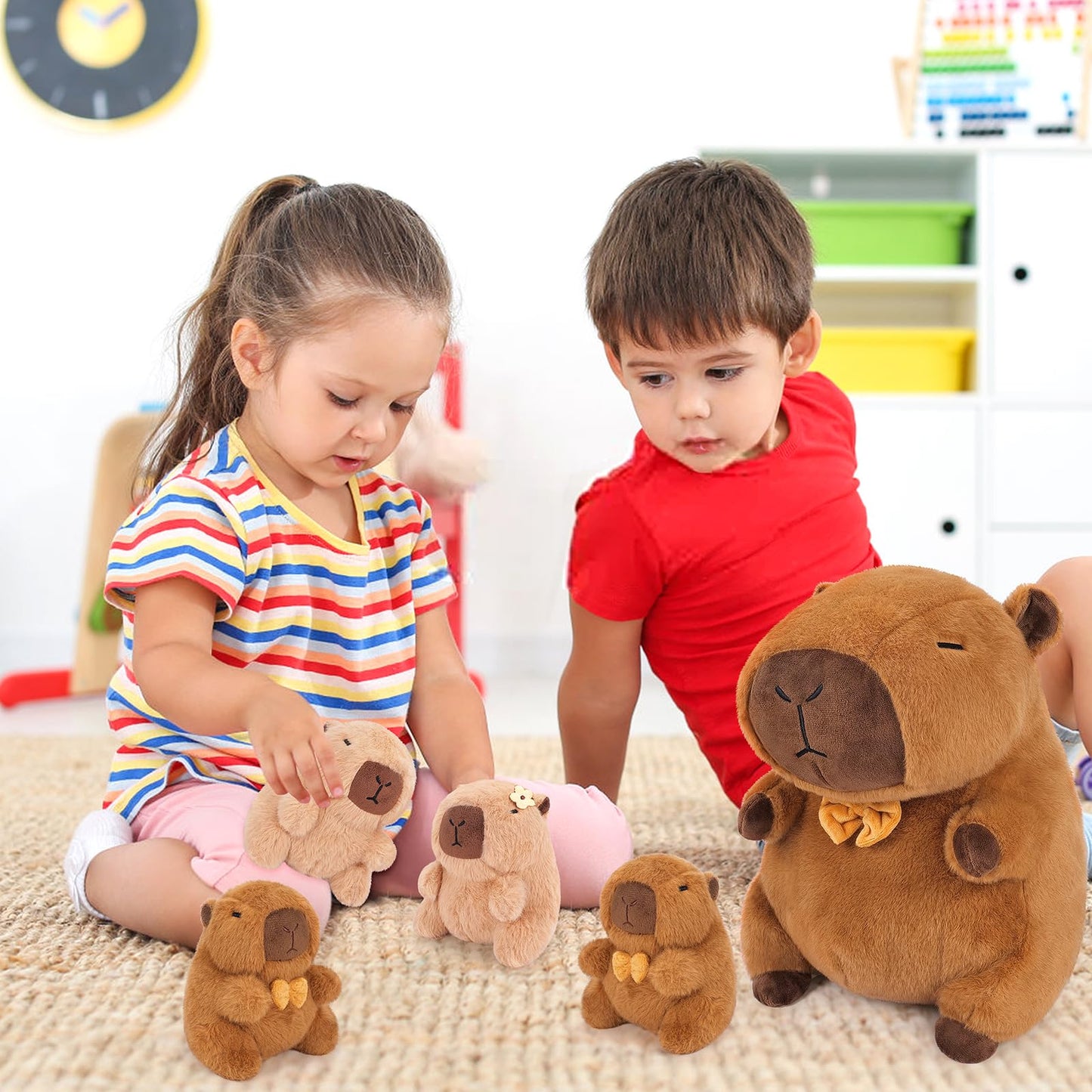 Achwishap 5Pcs Capybara Plush Family Set — 16in Mommy + 4x 6in Babies, Plush Pillow & Decor