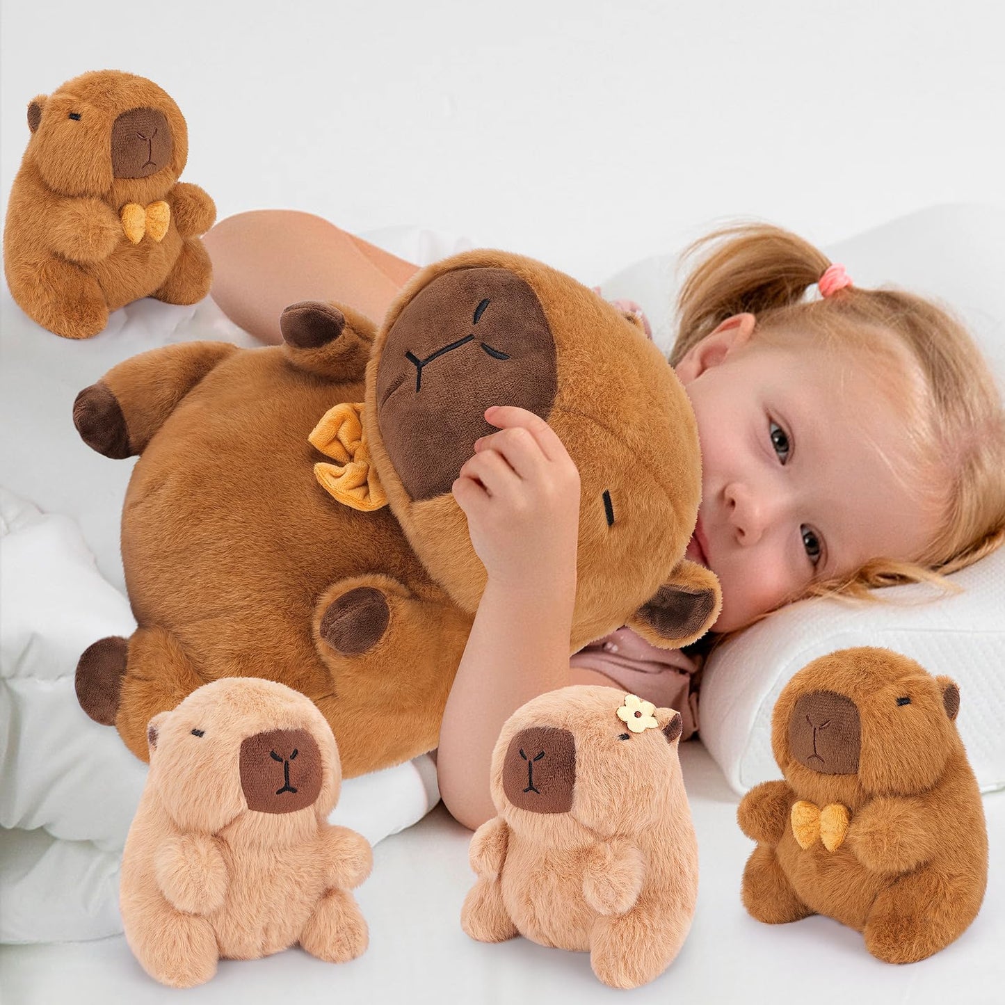 Achwishap 5Pcs Capybara Plush Family Set — 16in Mommy + 4x 6in Babies, Plush Pillow & Decor