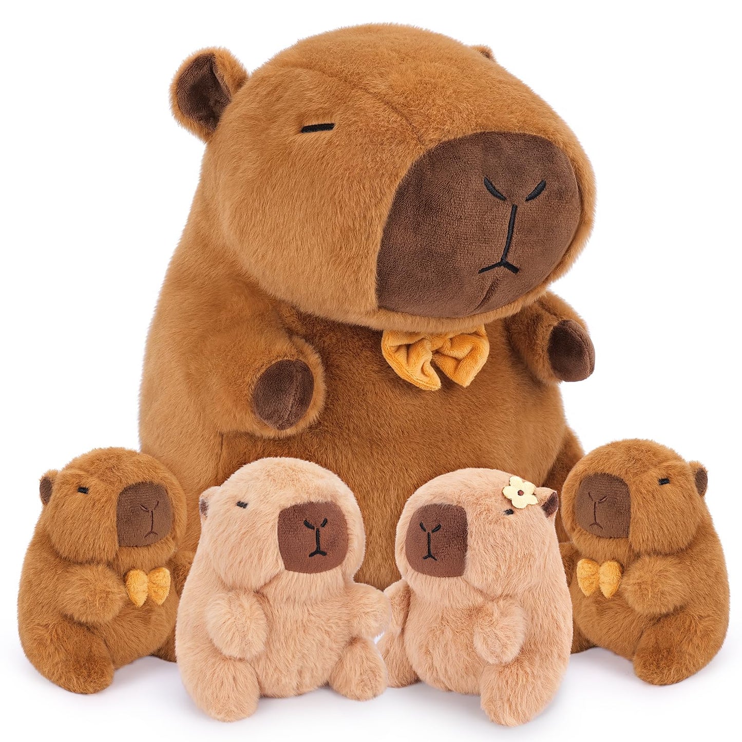 Achwishap 5Pcs Capybara Plush Family Set — 16in Mommy + 4x 6in Babies, Plush Pillow & Decor