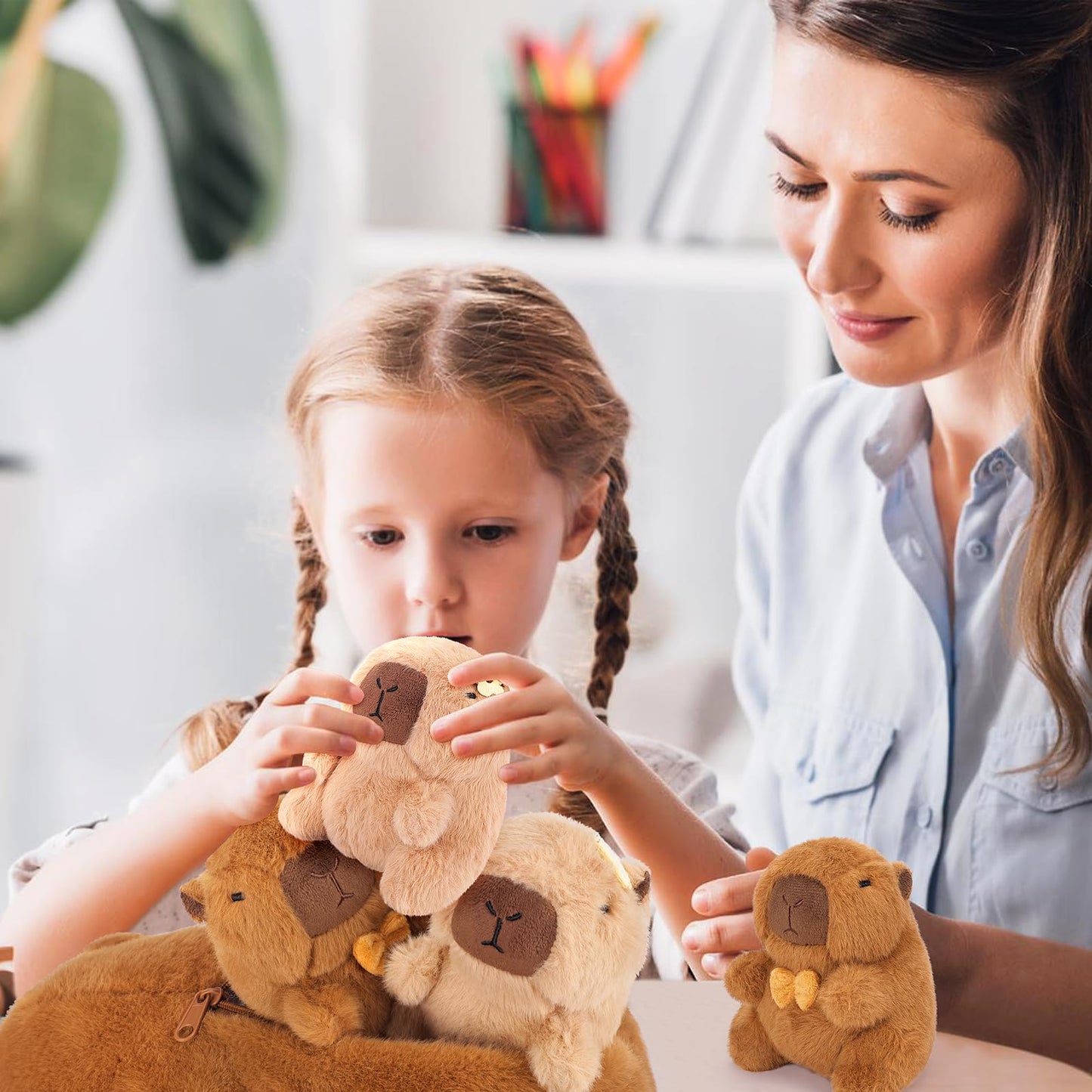 Achwishap 5Pcs Capybara Plush Family Set — 16in Mommy + 4x 6in Babies, Plush Pillow & Decor
