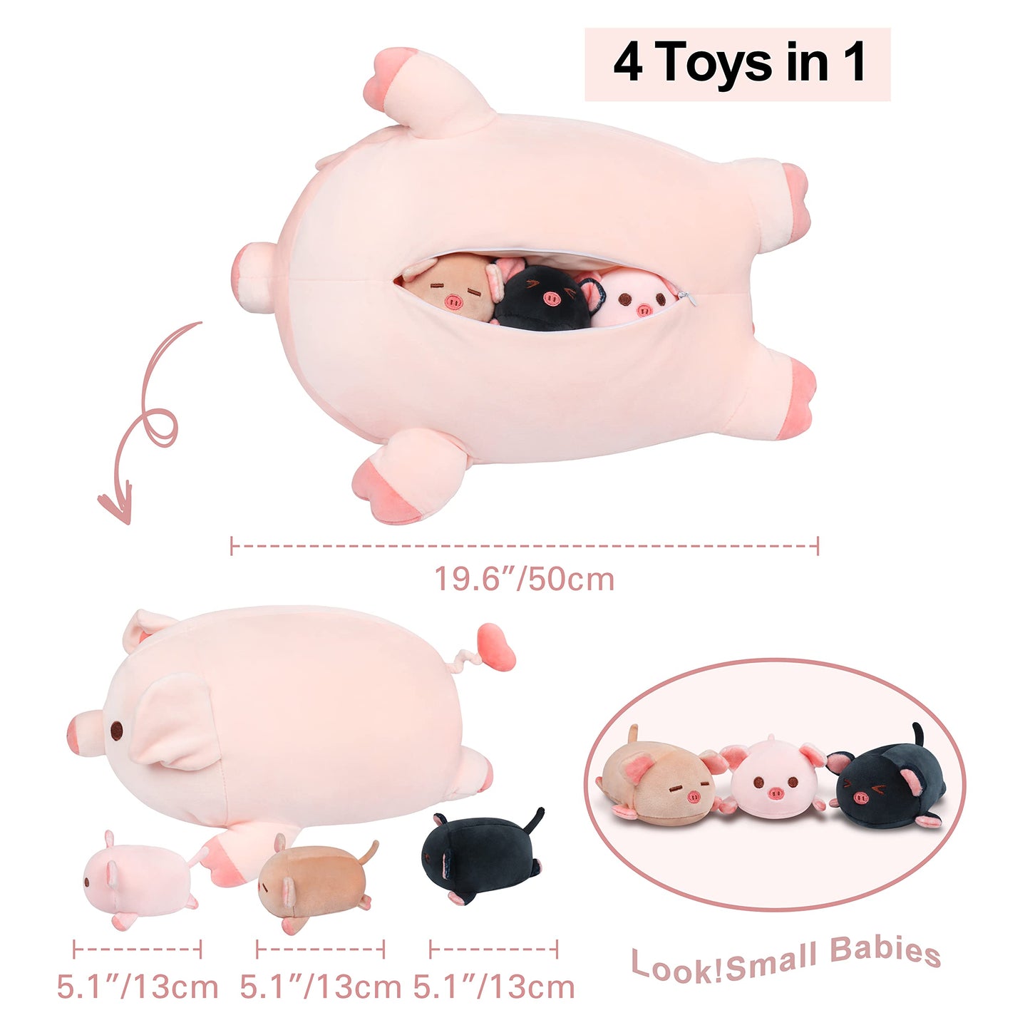 Achwishap Pig Family Plush Set – Mommy 19.6” + 3 Babies, 4-Piece Kawaii Plush Pillows