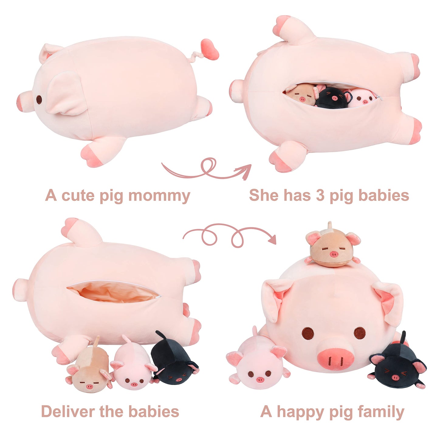 Achwishap Pig Family Plush Set – Mommy 19.6” + 3 Babies, 4-Piece Kawaii Plush Pillows