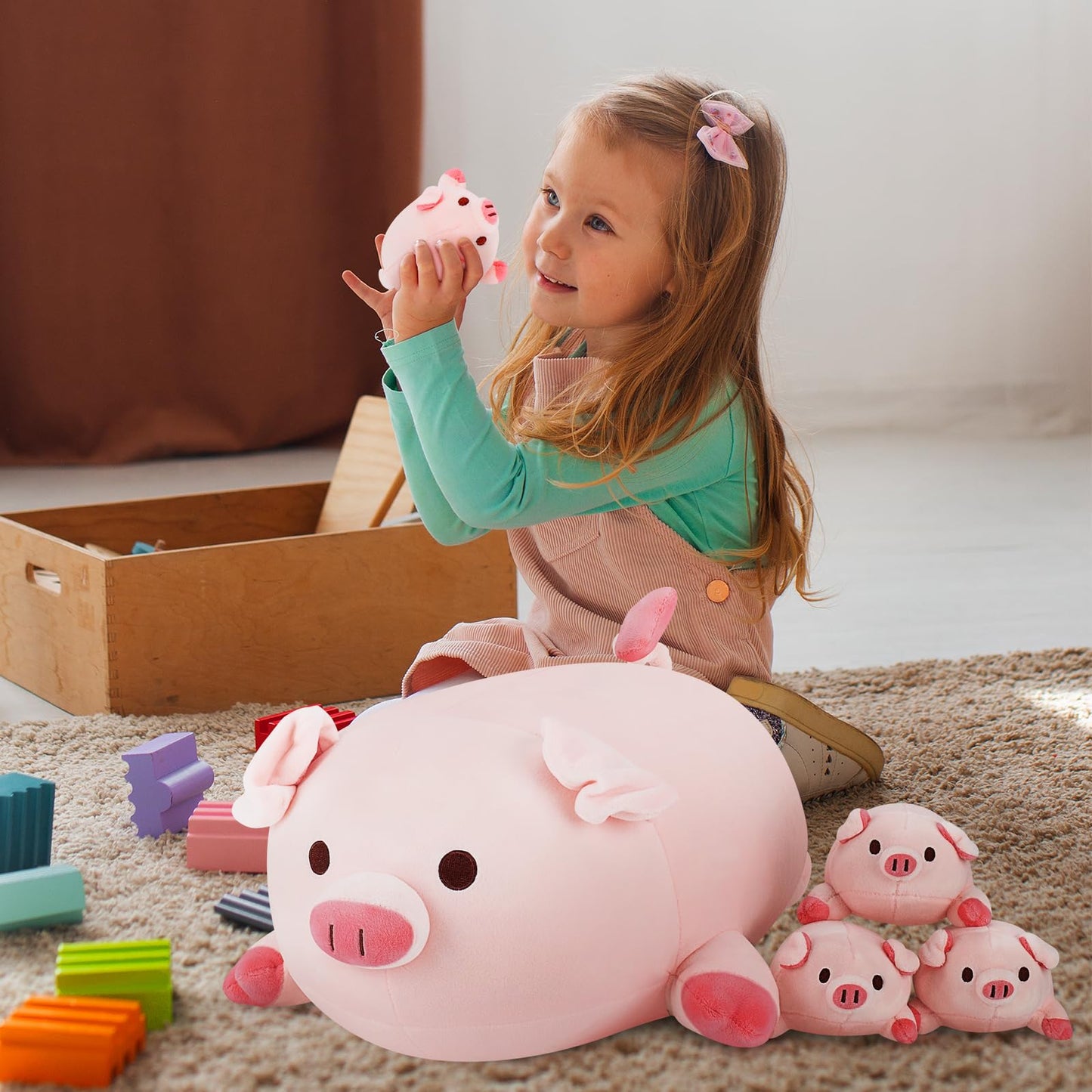 Achwishap 5PCS Pig Family Plush Set – 16in Mommy + 4 Baby Pigs, Cute Hugging Pillows