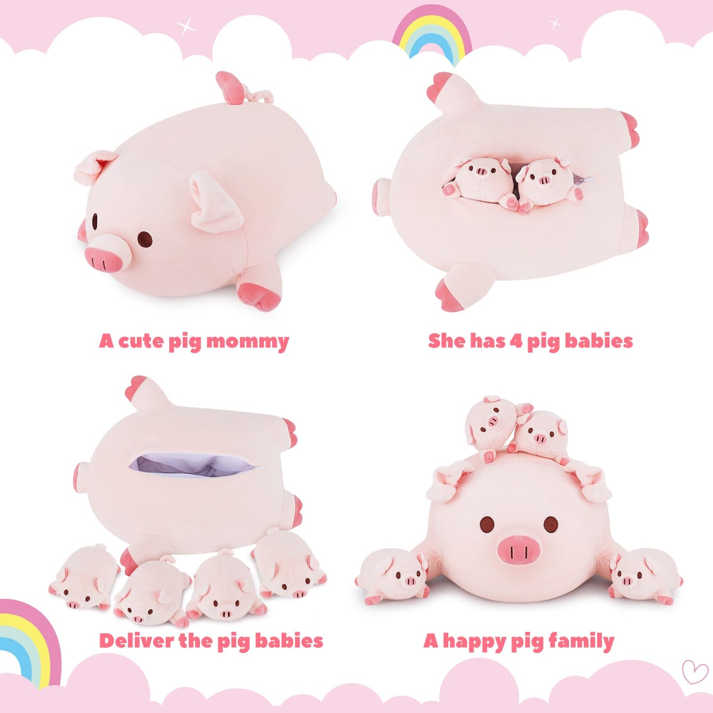 Achwishap 5PCS Pig Family Plush Set – 16in Mommy + 4 Baby Pigs, Cute Hugging Pillows