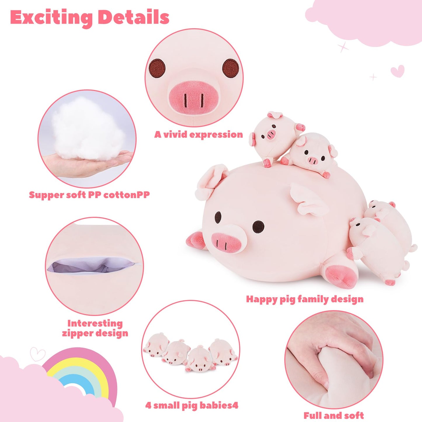 Achwishap 5PCS Pig Family Plush Set – 16in Mommy + 4 Baby Pigs, Cute Hugging Pillows