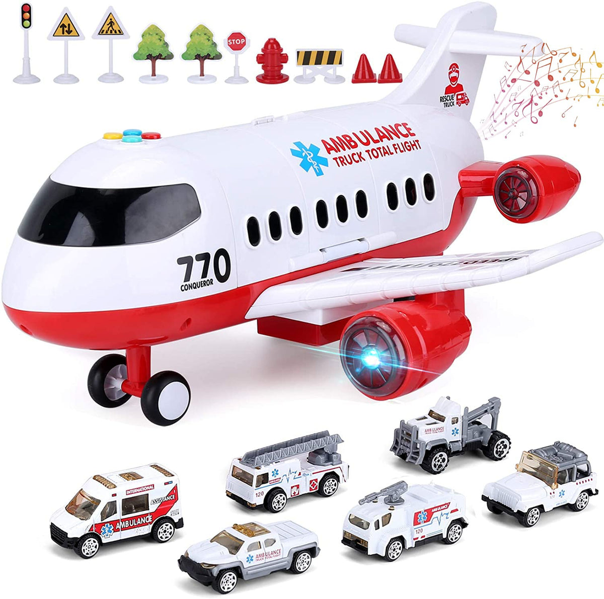 Acksonse 15-Inch Ambulance Airplane Toy | Light & Sound Aircraft Play Set with 6 Rescue Trucks