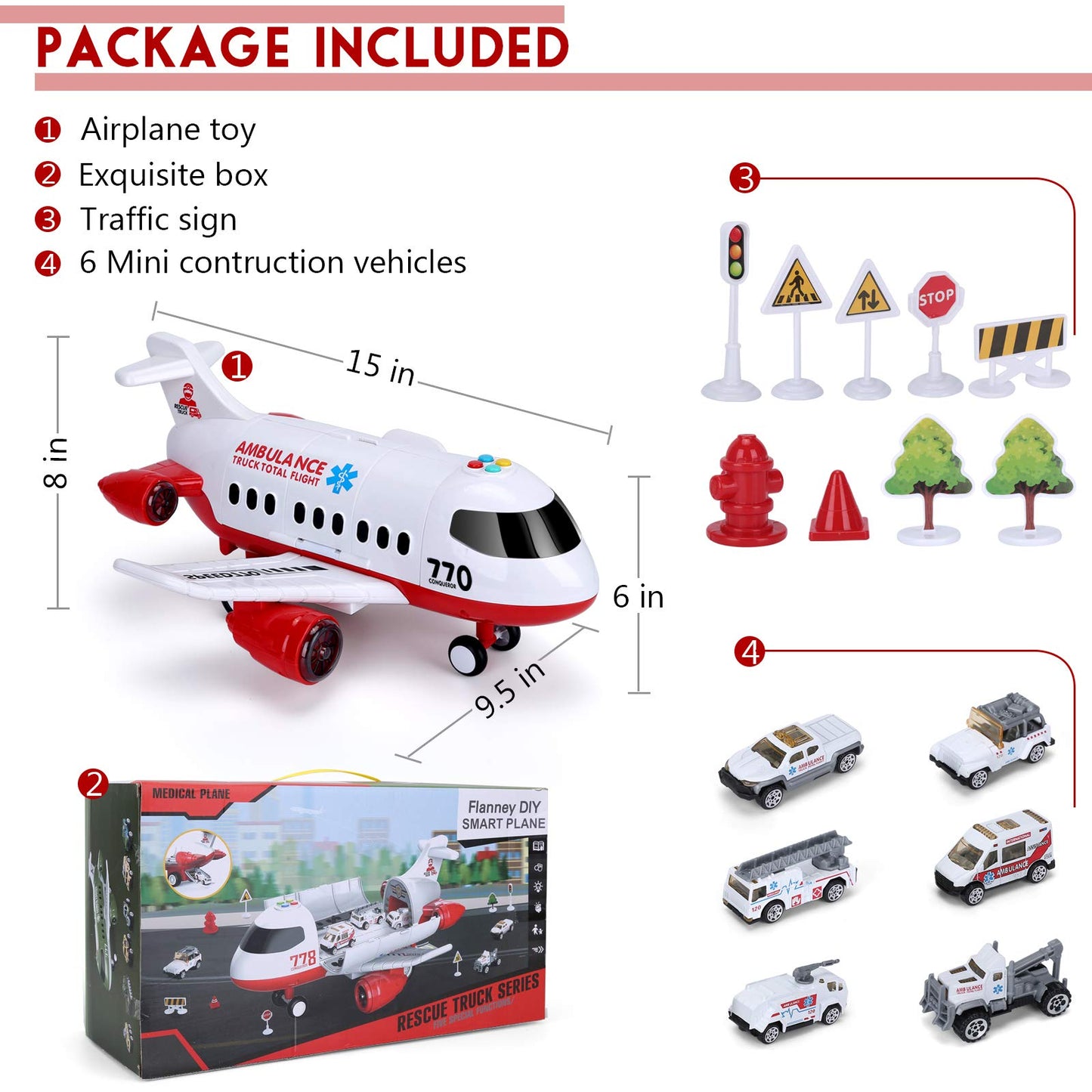 Acksonse 15-Inch Ambulance Airplane Toy | Light & Sound Aircraft Play Set with 6 Rescue Trucks