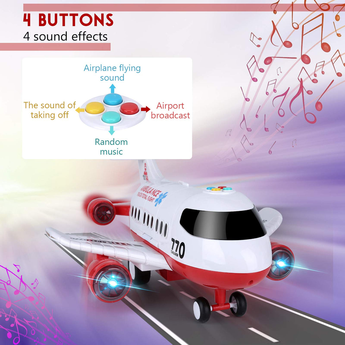Acksonse 15-Inch Ambulance Airplane Toy | Light & Sound Aircraft Play Set with 6 Rescue Trucks