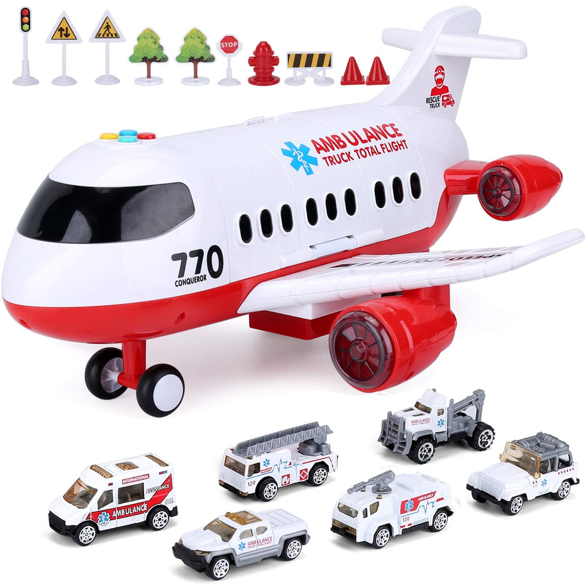 Acksonse 15-Inch Ambulance Airplane Toy | Light & Sound Aircraft Play Set with 6 Rescue Trucks