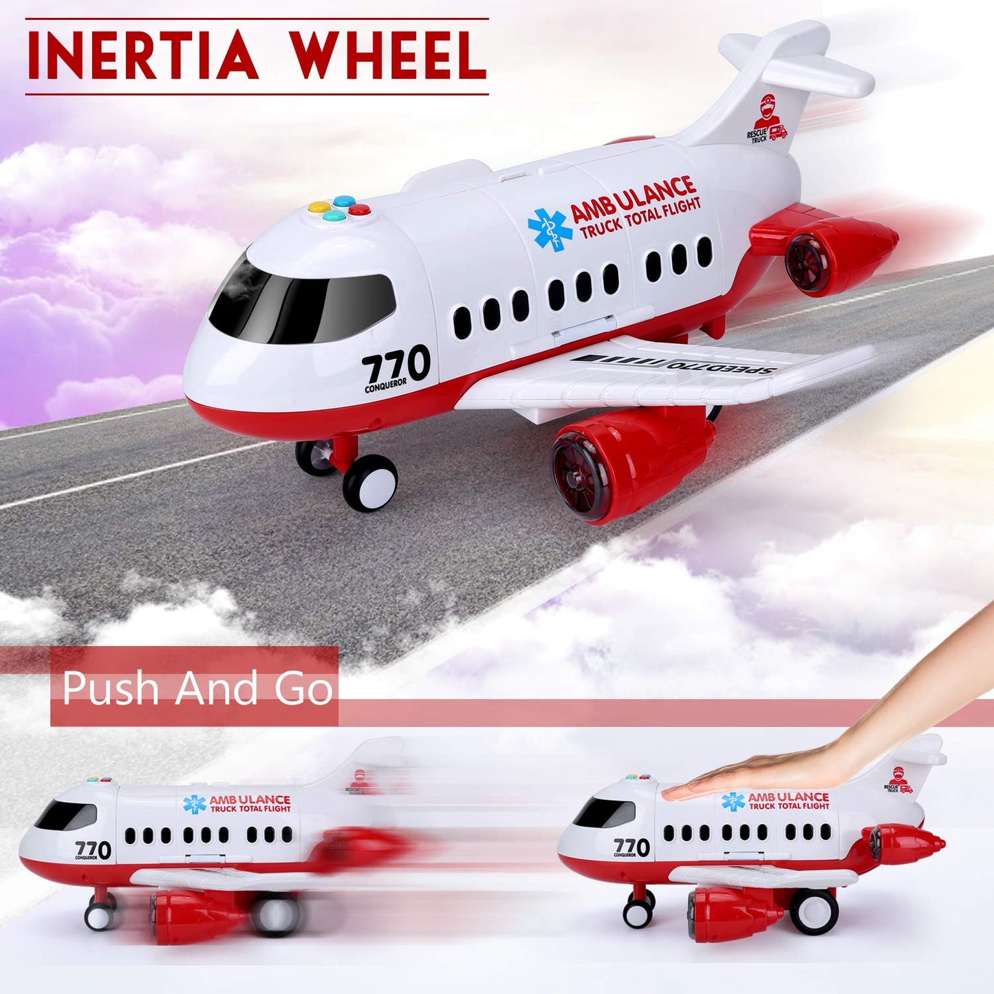 Acksonse 15-Inch Ambulance Airplane Toy | Light & Sound Aircraft Play Set with 6 Rescue Trucks