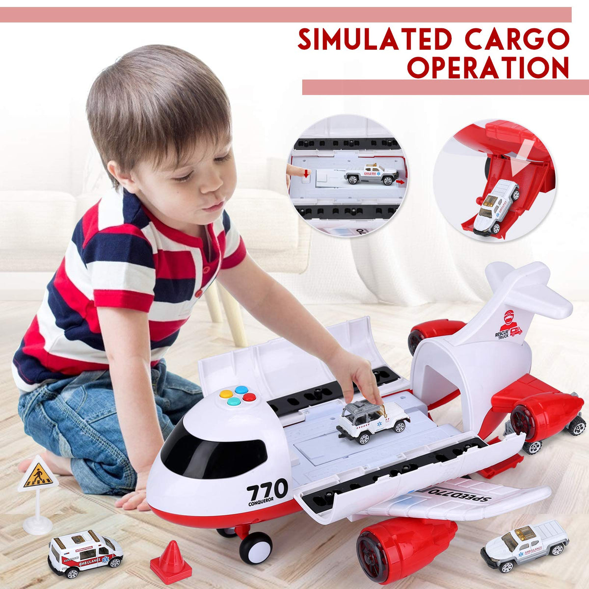 Acksonse 15-Inch Ambulance Airplane Toy | Light & Sound Aircraft Play Set with 6 Rescue Trucks