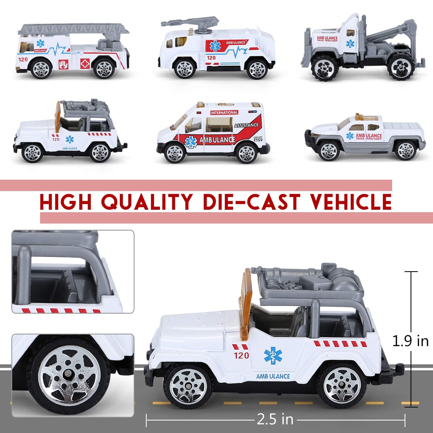 Acksonse 15-Inch Ambulance Airplane Toy | Light & Sound Aircraft Play Set with 6 Rescue Trucks
