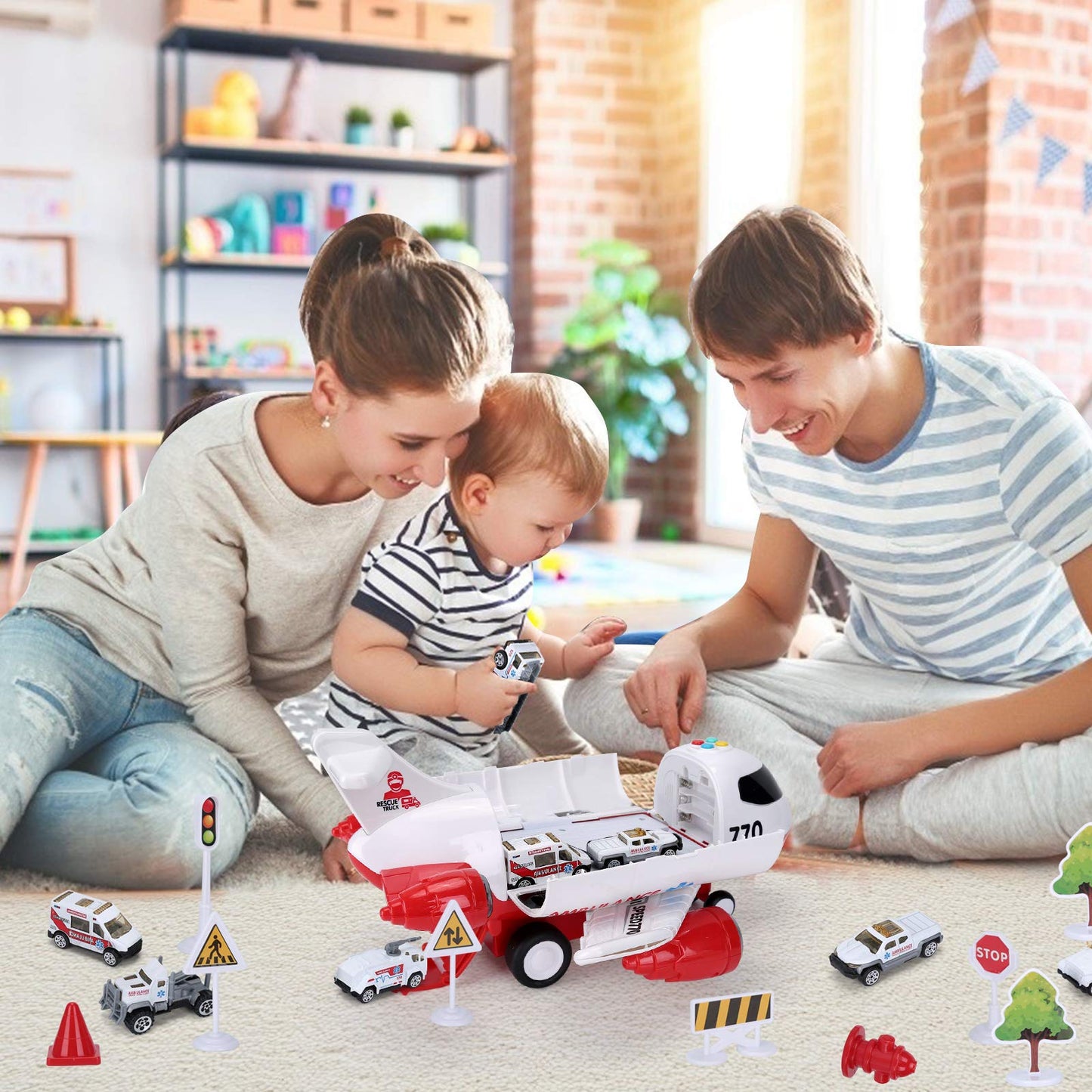 Acksonse 15-Inch Ambulance Airplane Toy | Light & Sound Aircraft Play Set with 6 Rescue Trucks