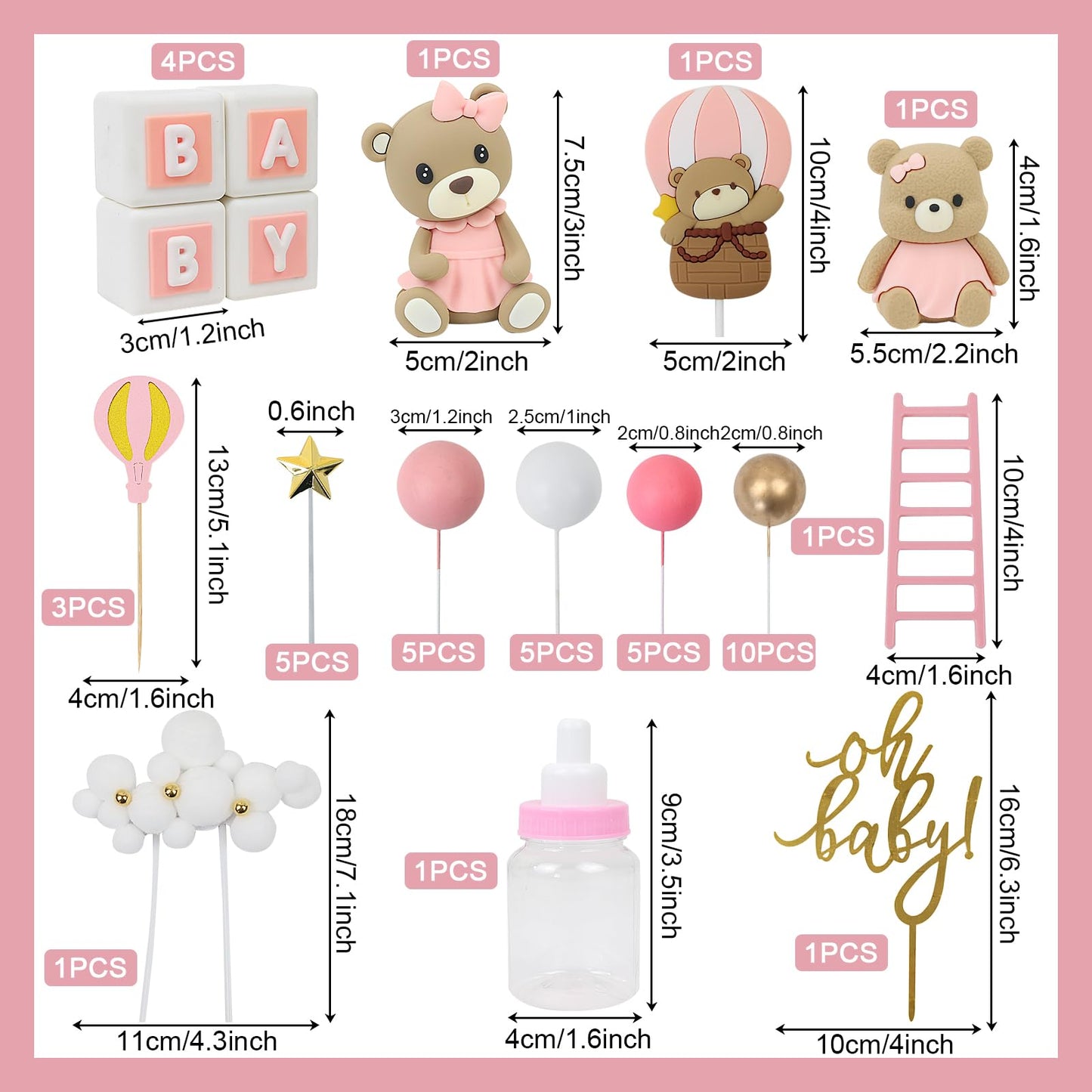 Acmee 44 PCS Bear Cake Toppers – Pink Baby Shower & Birthday Party Decorations