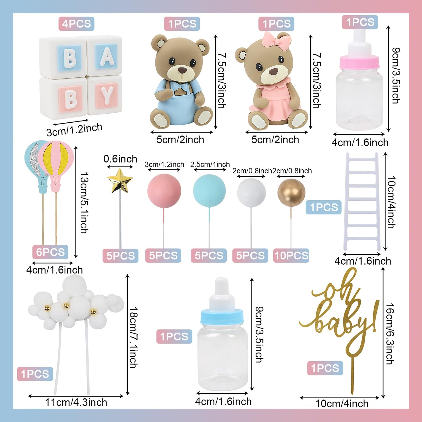 Acmee 47 Pcs Bear Cake Toppers – Gender Reveal & Baby Shower Decoration Kit