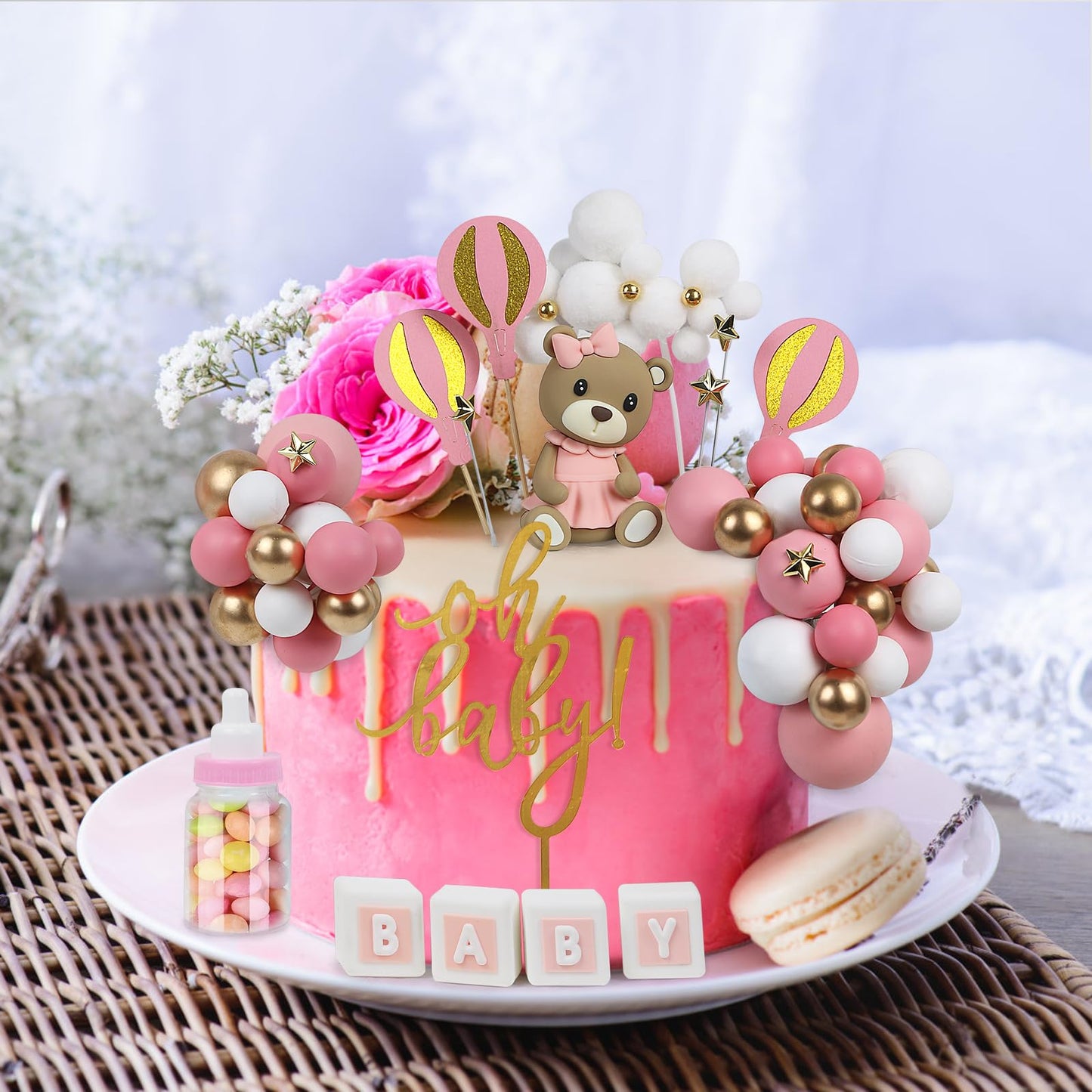 Acmee 44 PCS Bear Cake Toppers – Pink Baby Shower & Birthday Party Decorations