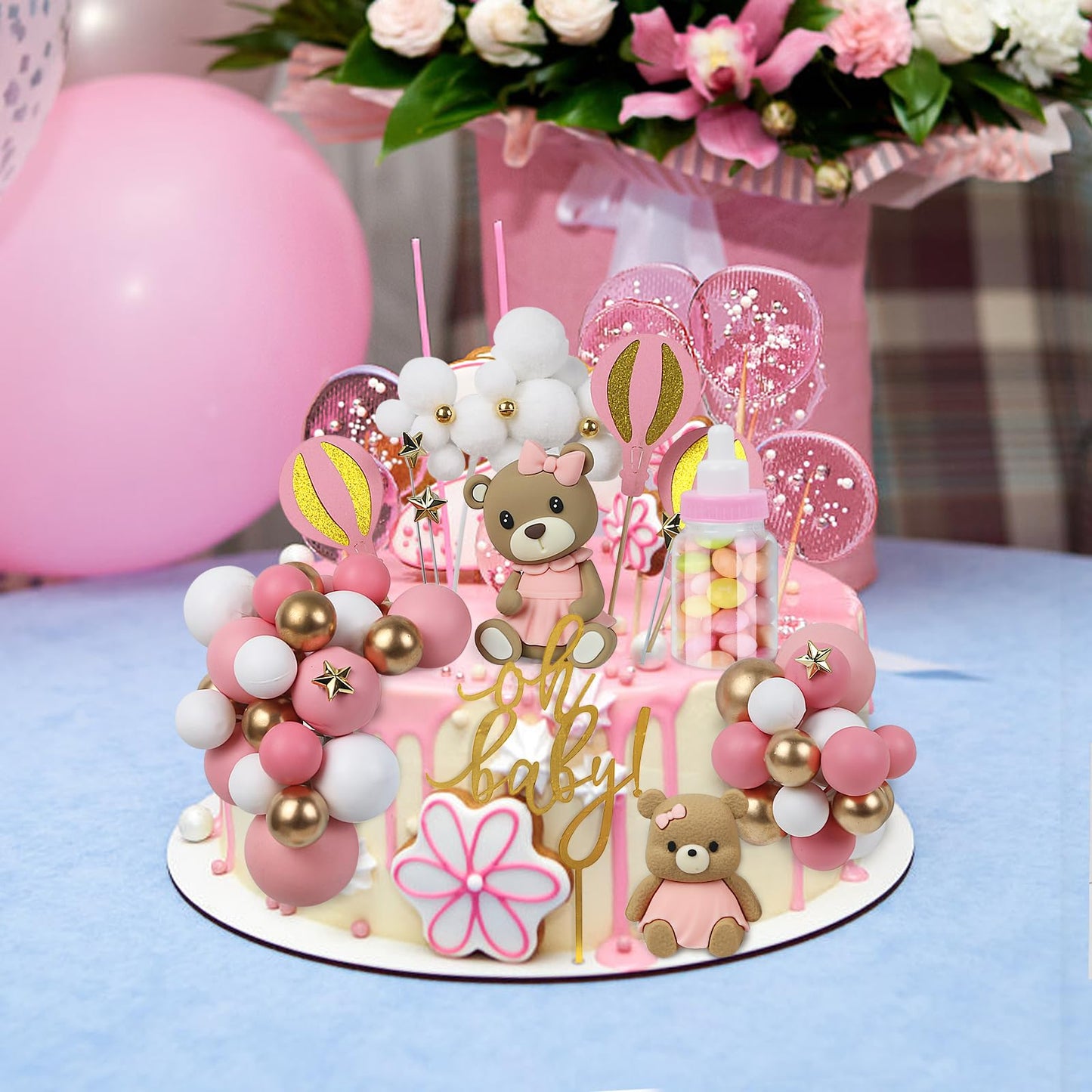 Acmee 44 PCS Bear Cake Toppers – Pink Baby Shower & Birthday Party Decorations