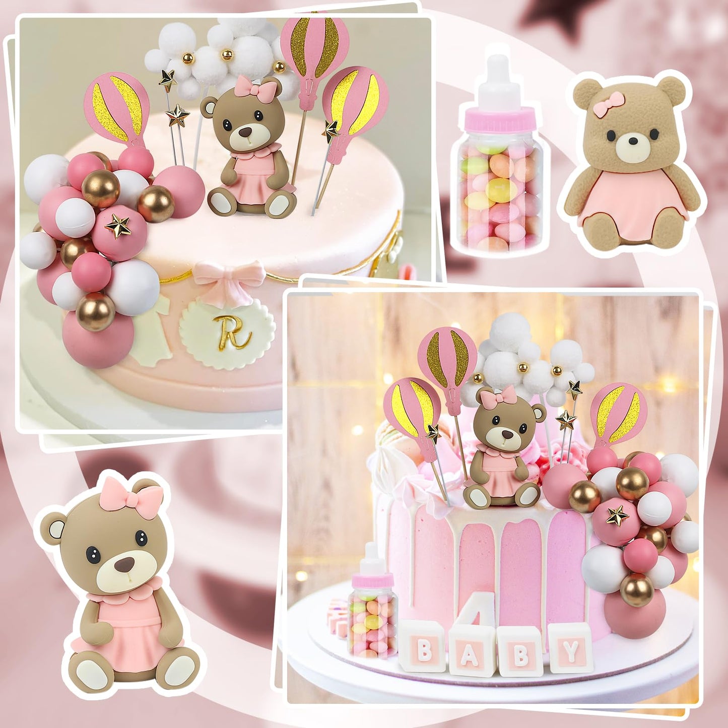 Acmee 44 PCS Bear Cake Toppers – Pink Baby Shower & Birthday Party Decorations