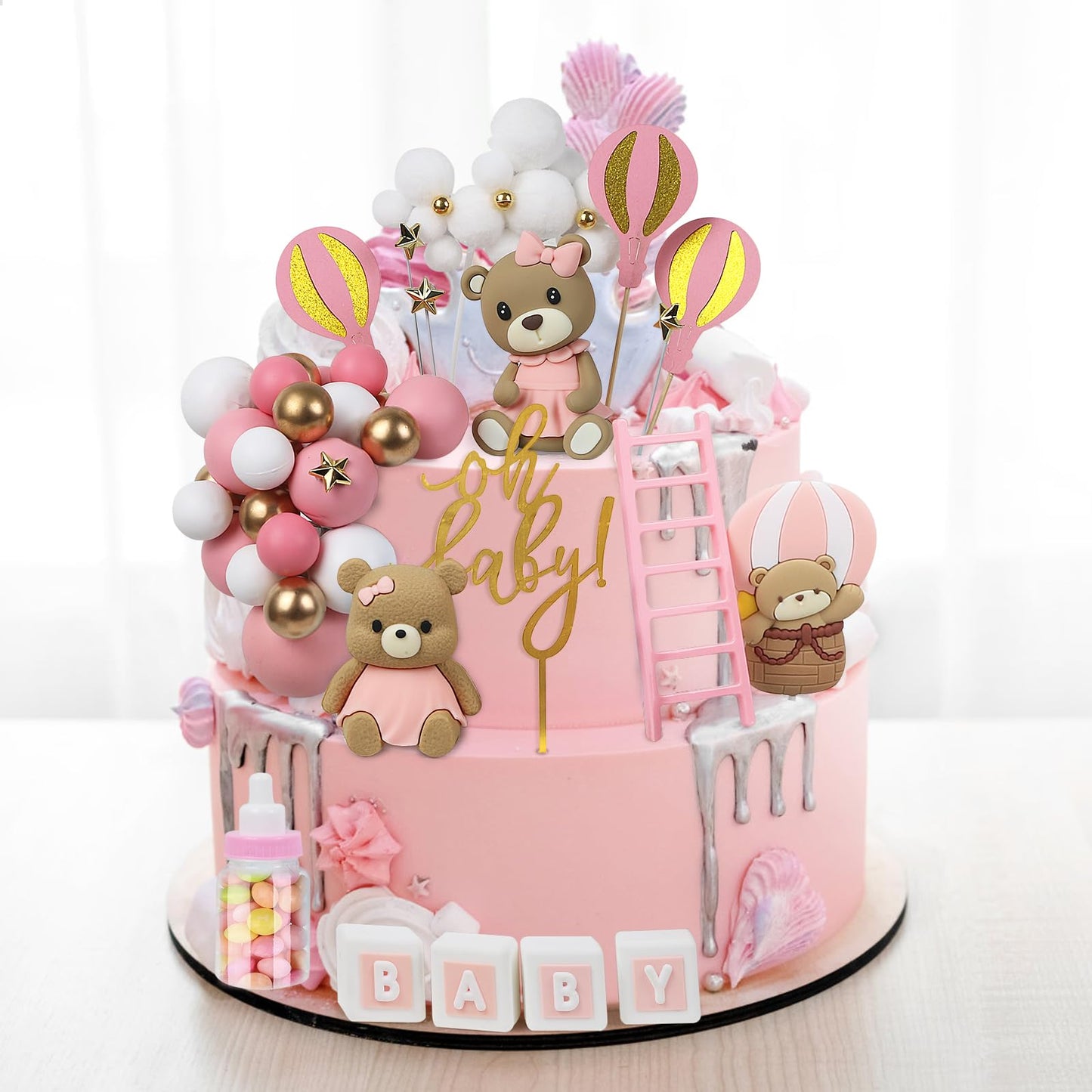 Acmee 44 PCS Bear Cake Toppers – Pink Baby Shower & Birthday Party Decorations