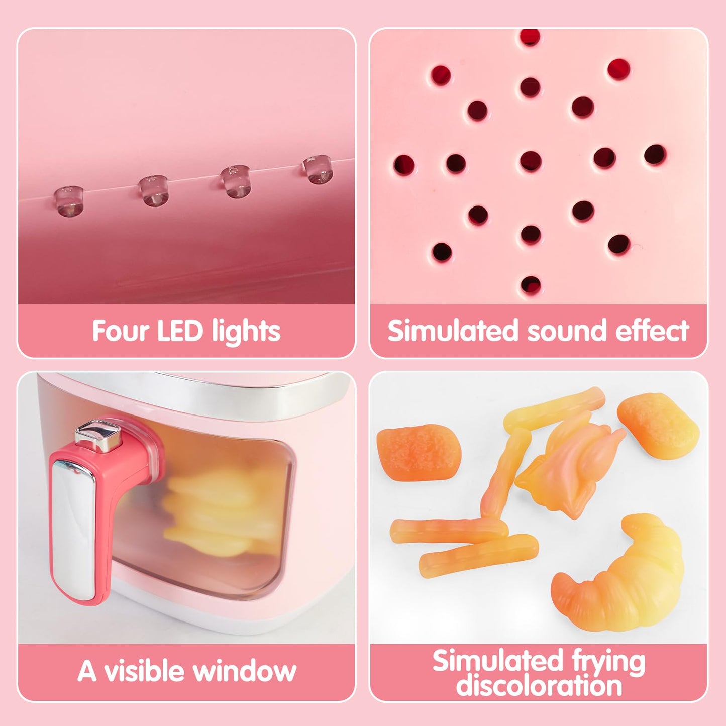 ACROFEK Play Kitchen Accessories – Toy Air Fryer with Sound & Lighting, Color-Changing Play Food, Pink