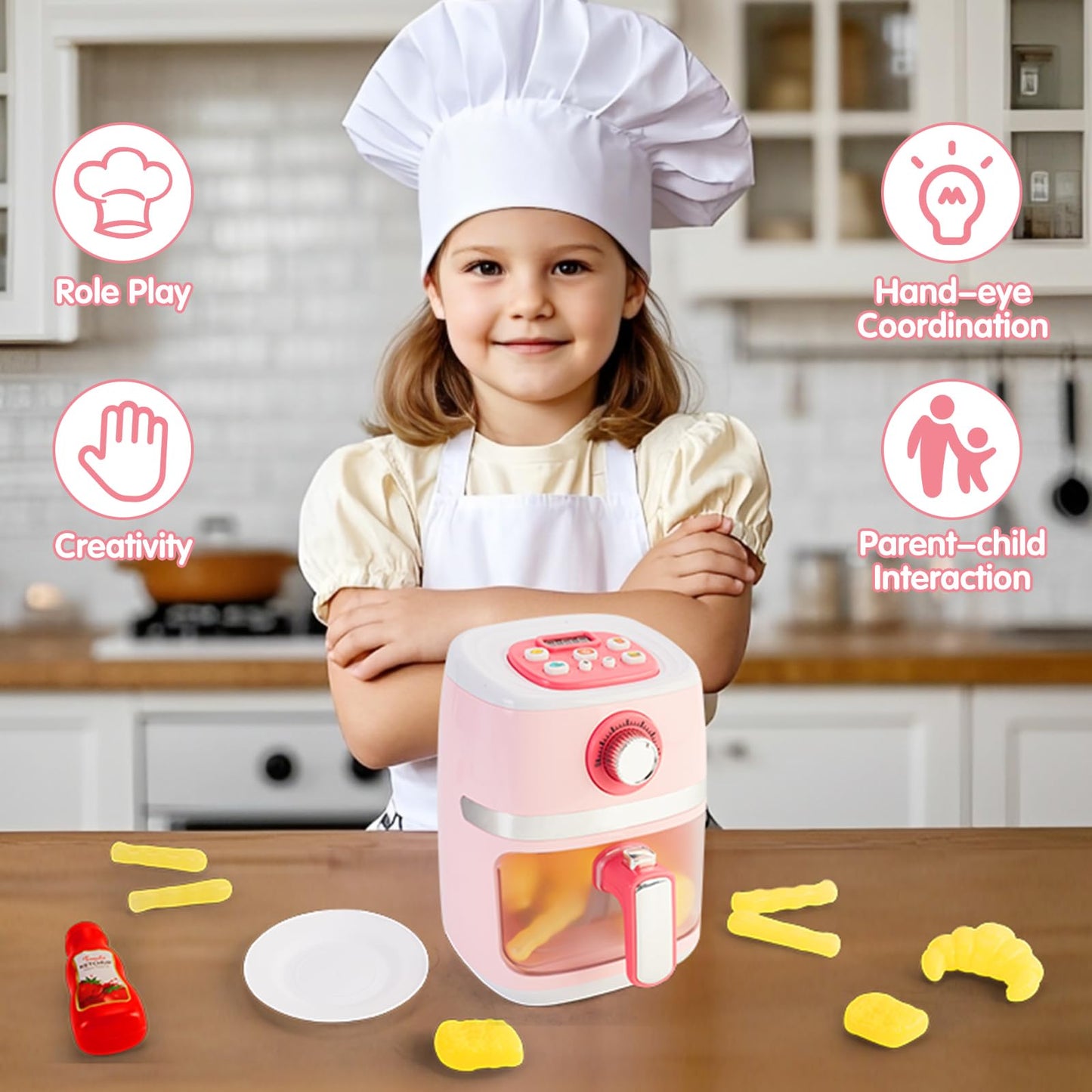 ACROFEK Play Kitchen Accessories – Toy Air Fryer with Sound & Lighting, Color-Changing Play Food, Pink