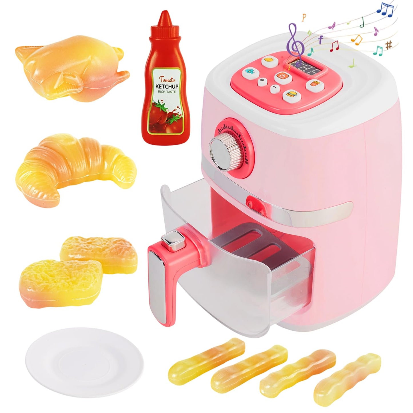 ACROFEK Play Kitchen Accessories – Toy Air Fryer with Sound & Lighting, Color-Changing Play Food, Pink
