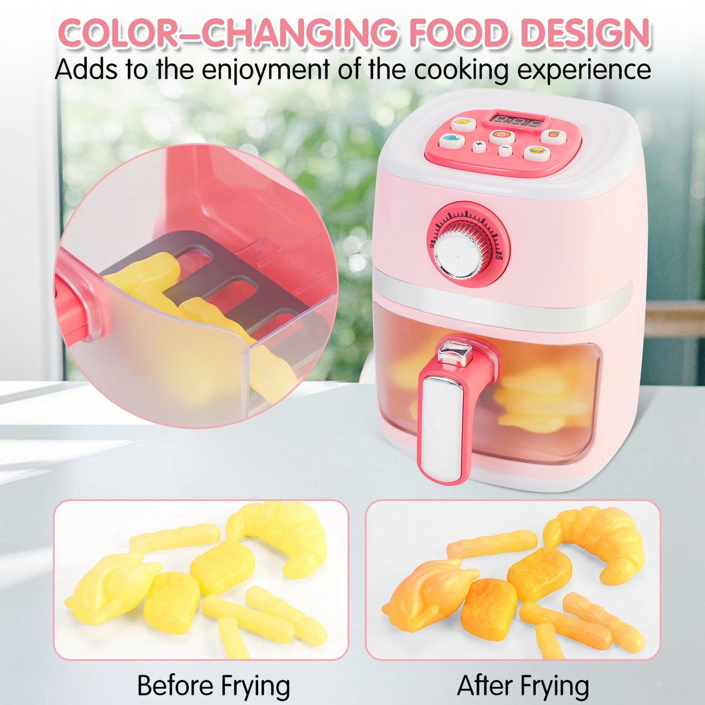 ACROFEK Play Kitchen Accessories – Toy Air Fryer with Sound & Lighting, Color-Changing Play Food, Pink